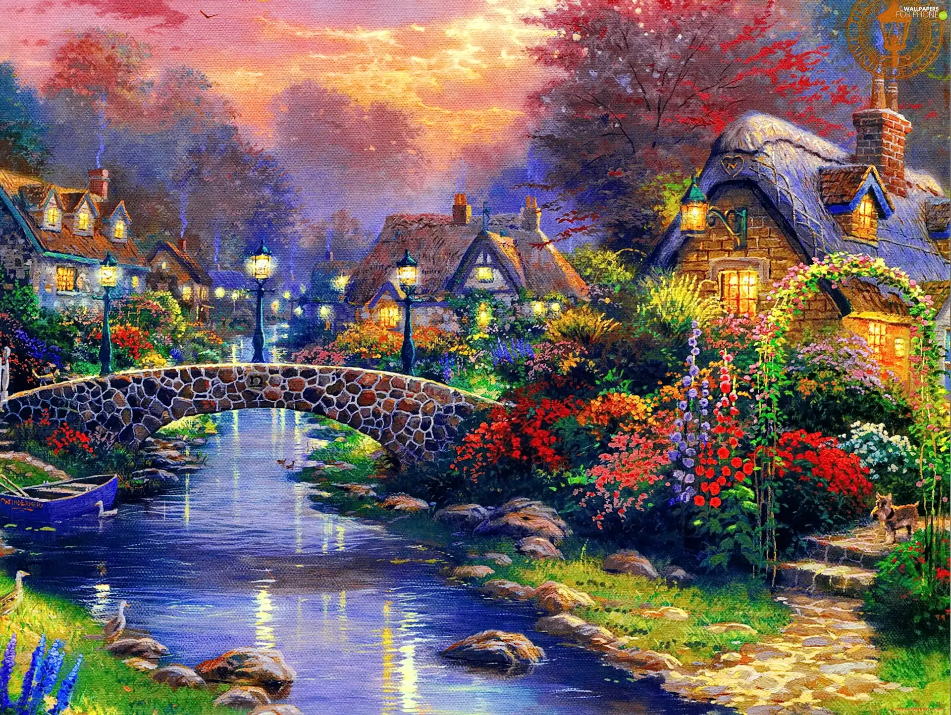 Houses, River, Flowers, bridge