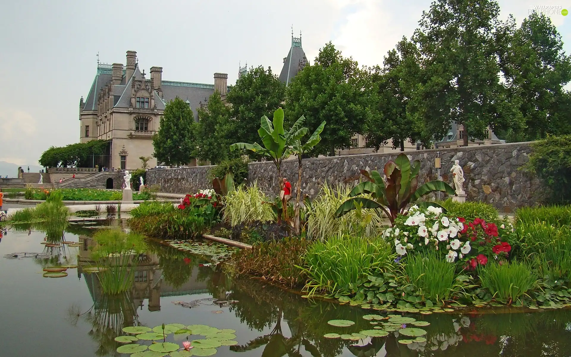 Flowers, Castle, lake