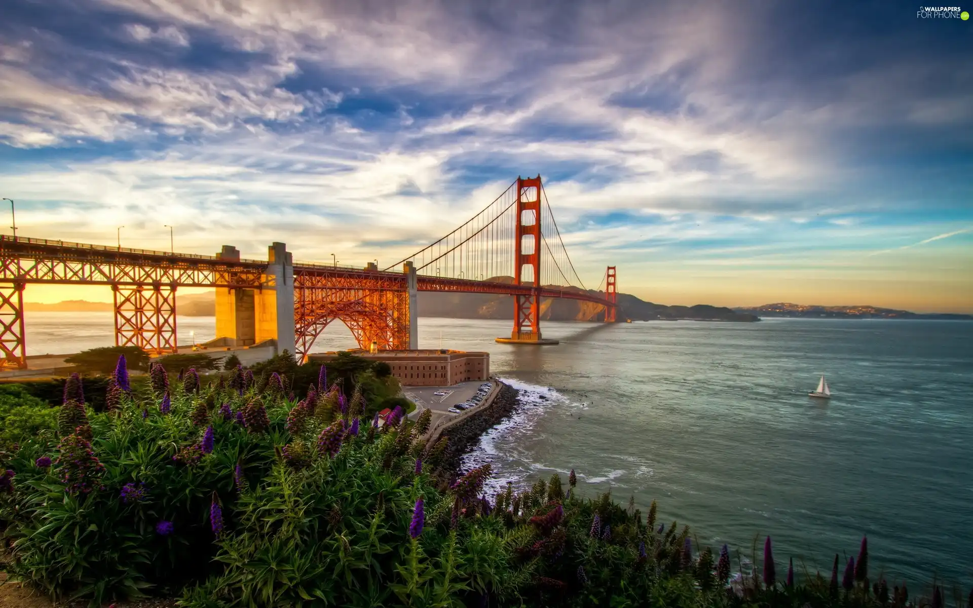 River, Yacht, Flowers, bridge