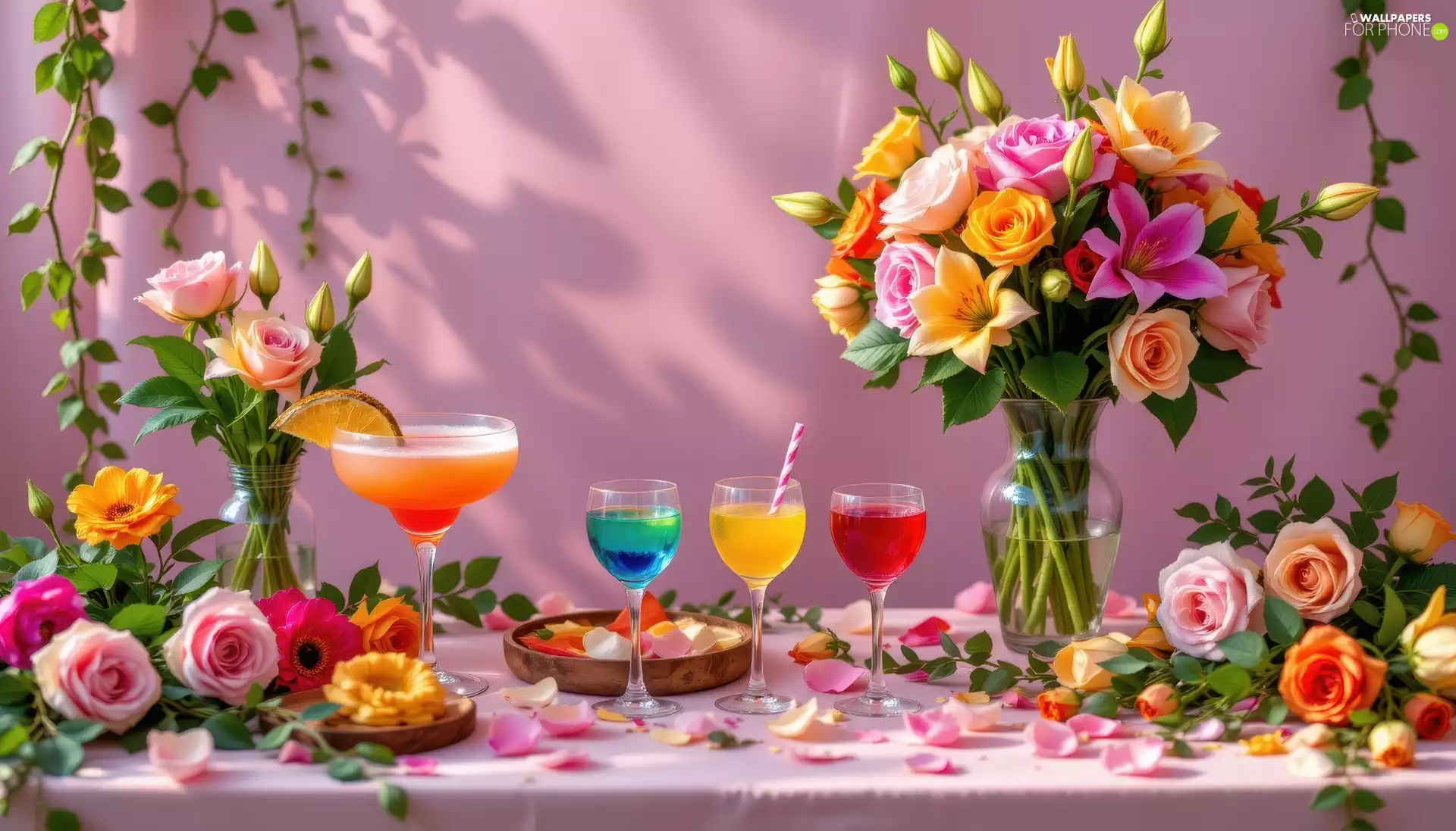 lilies, drinks, Table, Flowers, vases, roses
