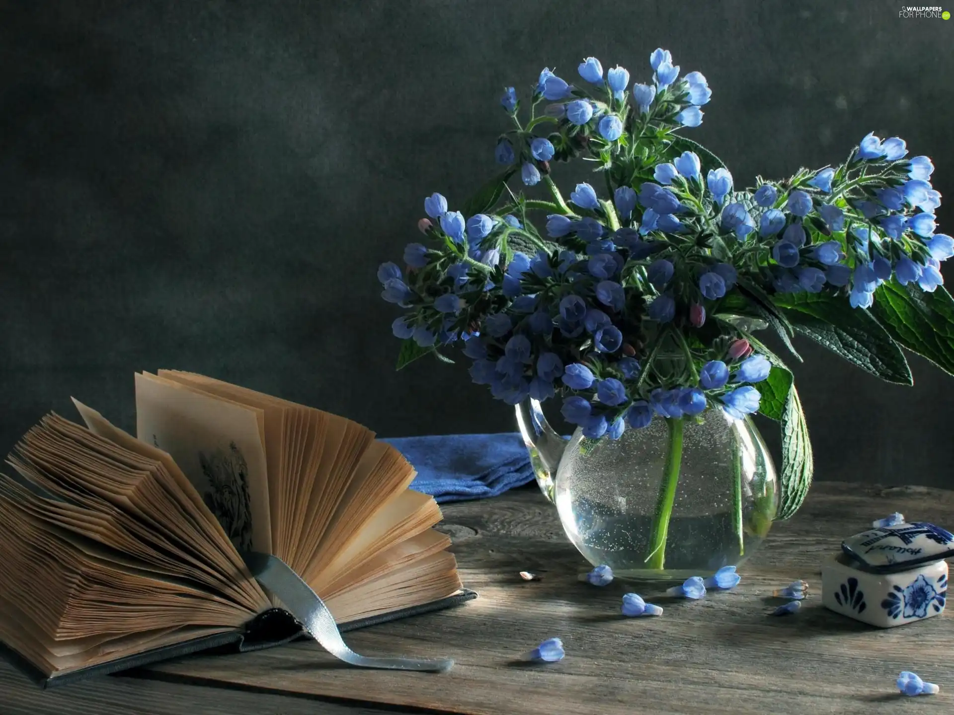 flowers, Book, small bunch, Blue, Vase