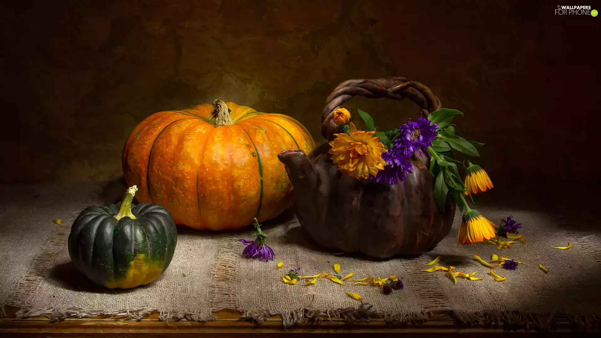 Flowers, pumpkin, teapot