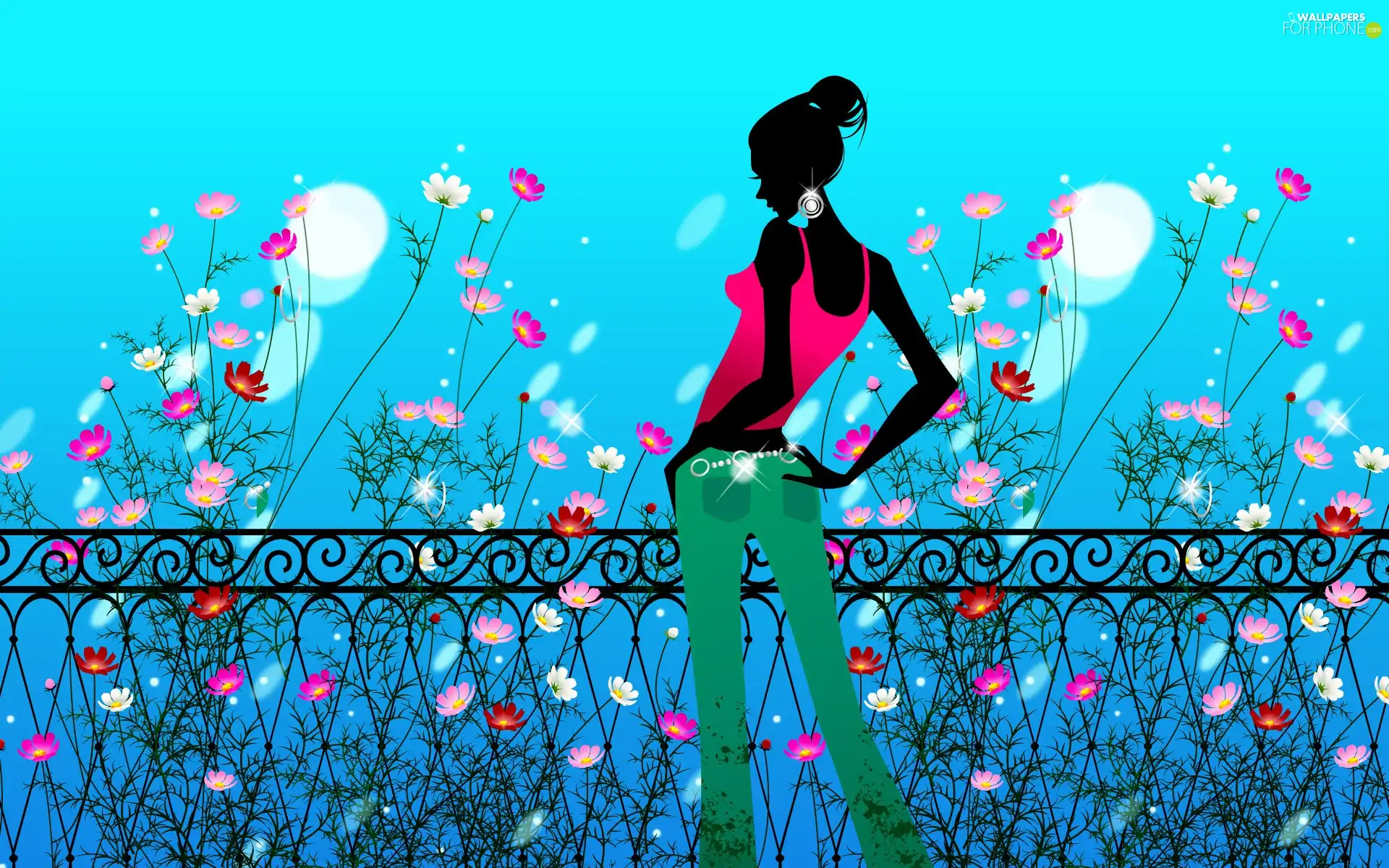 Women, color, Flowers, fence