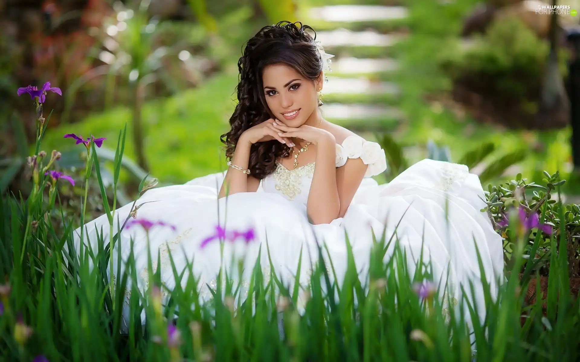 young lady, Flowers, White, Dress, Women