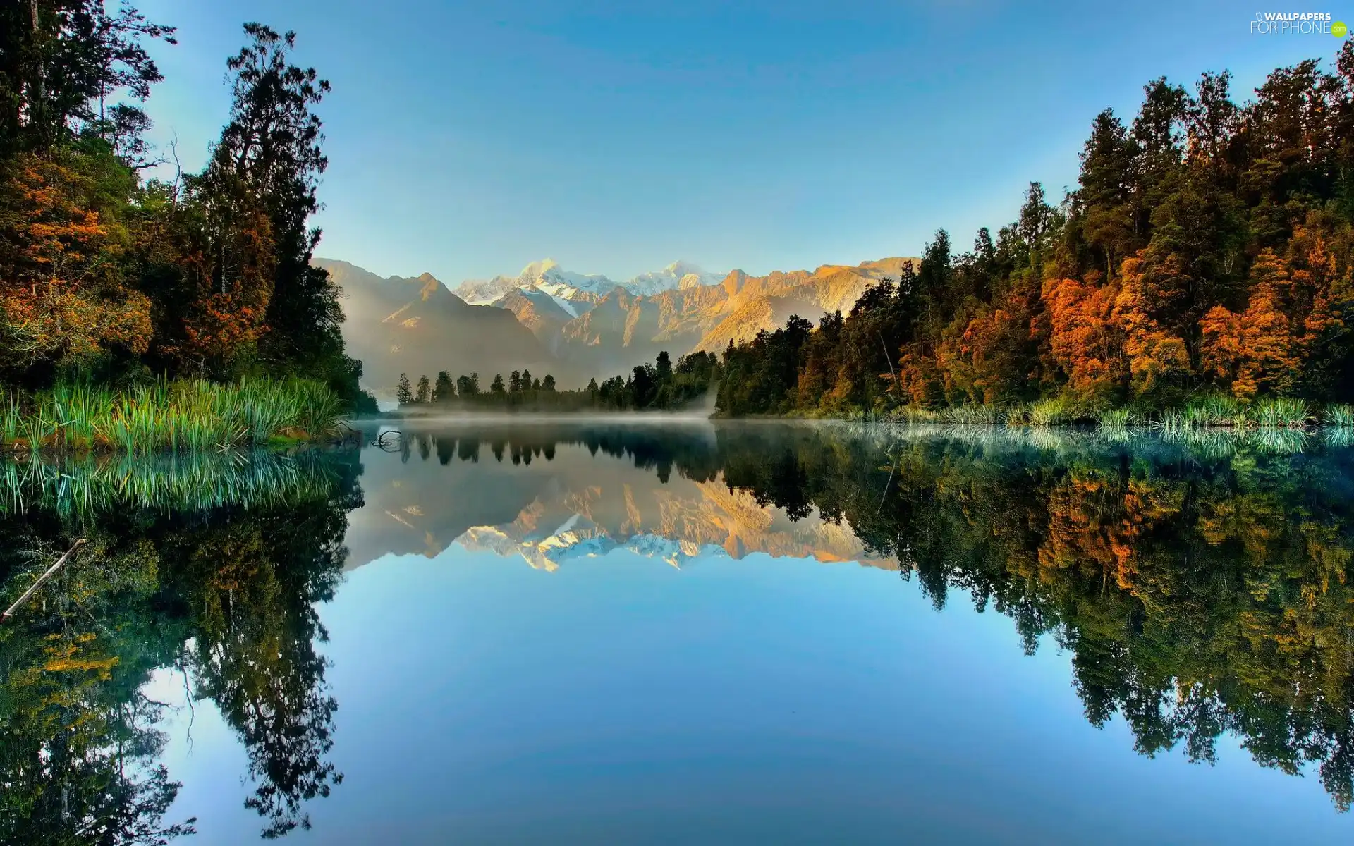 Fog, autumn, woods, Mountains, lake