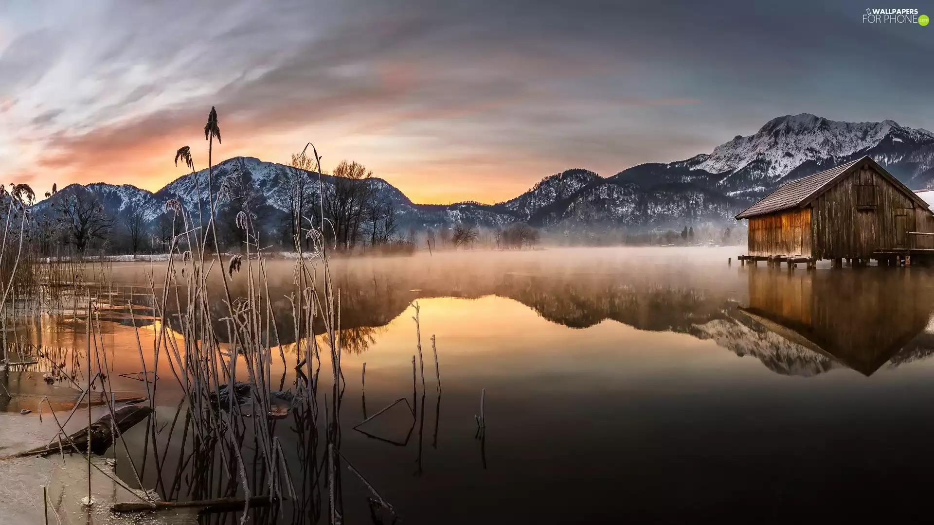 wooden, Snowy, frosted, Home, trees, Sunrise, Fog, lake, Mountains, viewes, grass