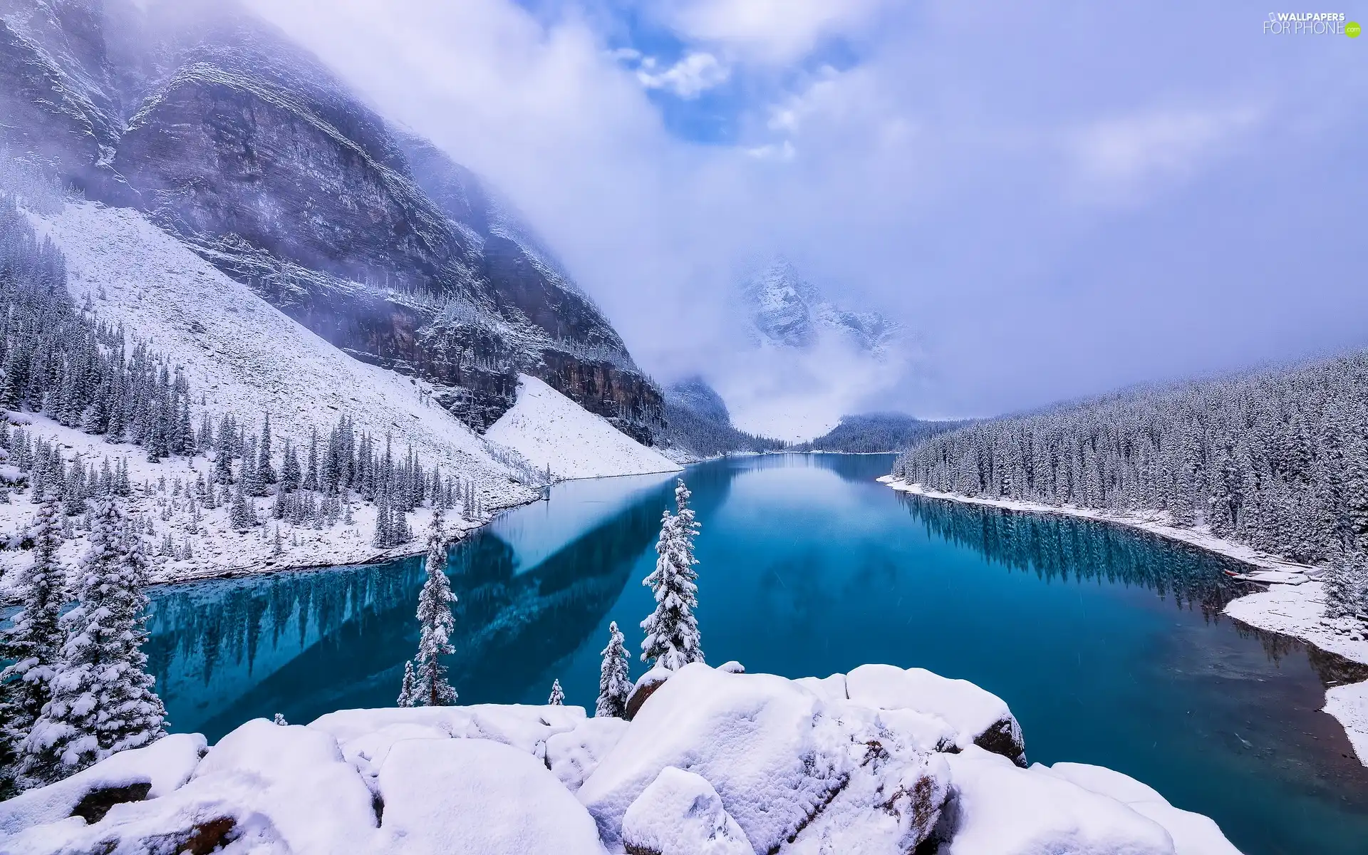 Snowy, Banff National Park, trees, woods, Fog, Canada, Province of Alberta, Mountains, Lake Moraine, winter, viewes