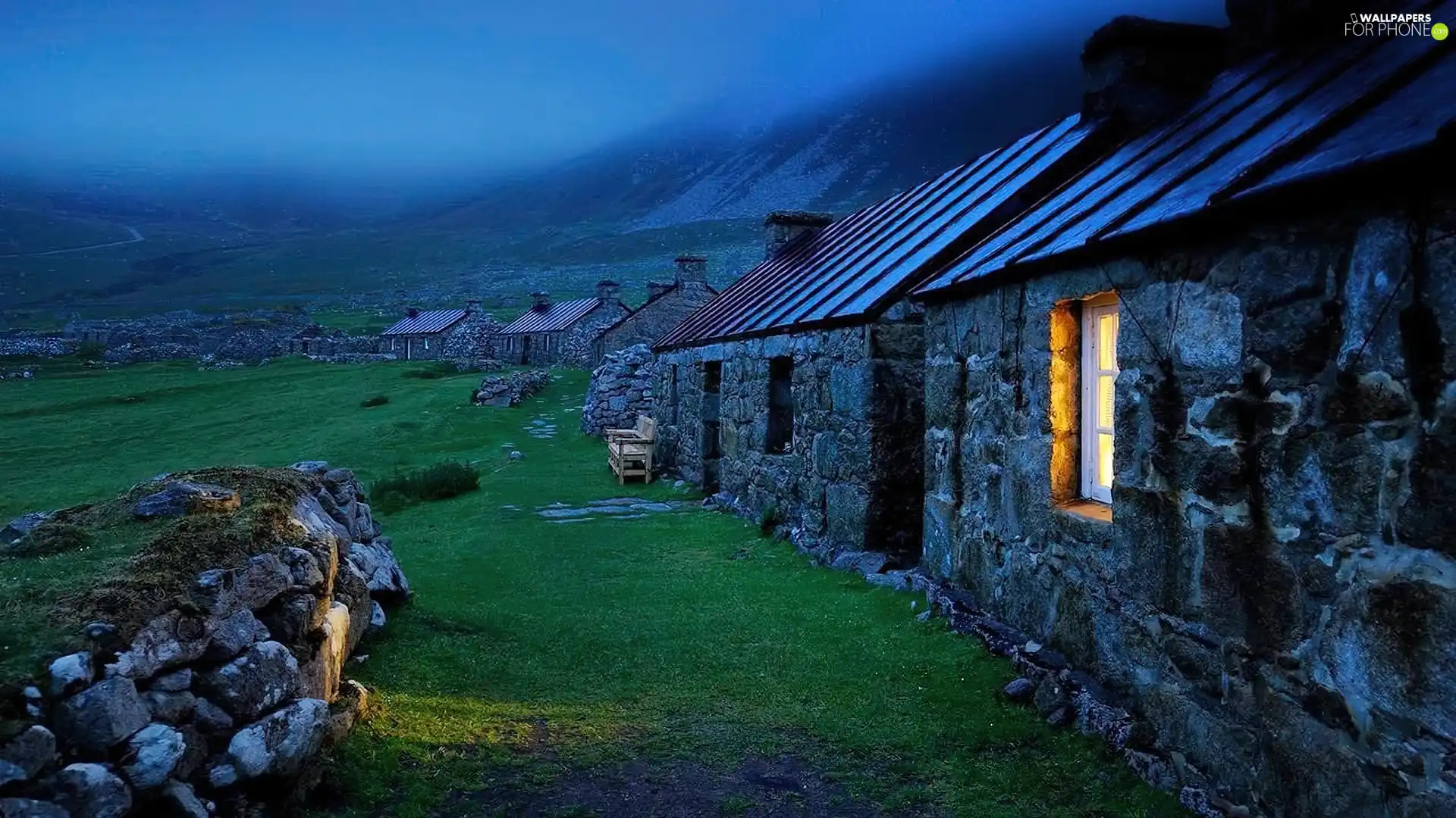 Stone, Mountains, Fog, Houses