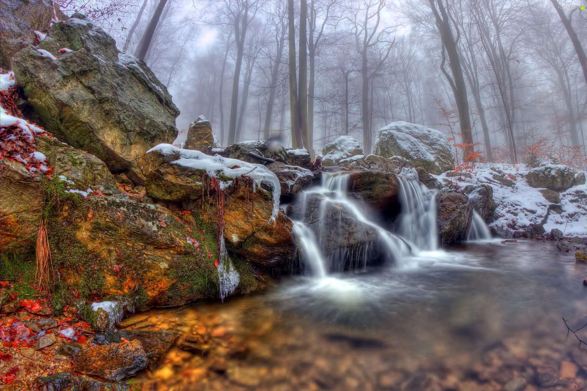 Fog, rocks, waterfall