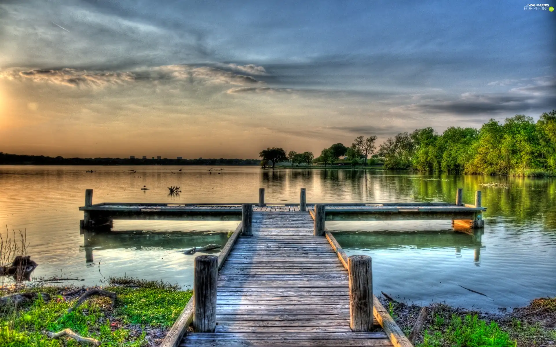 lake, footbridge