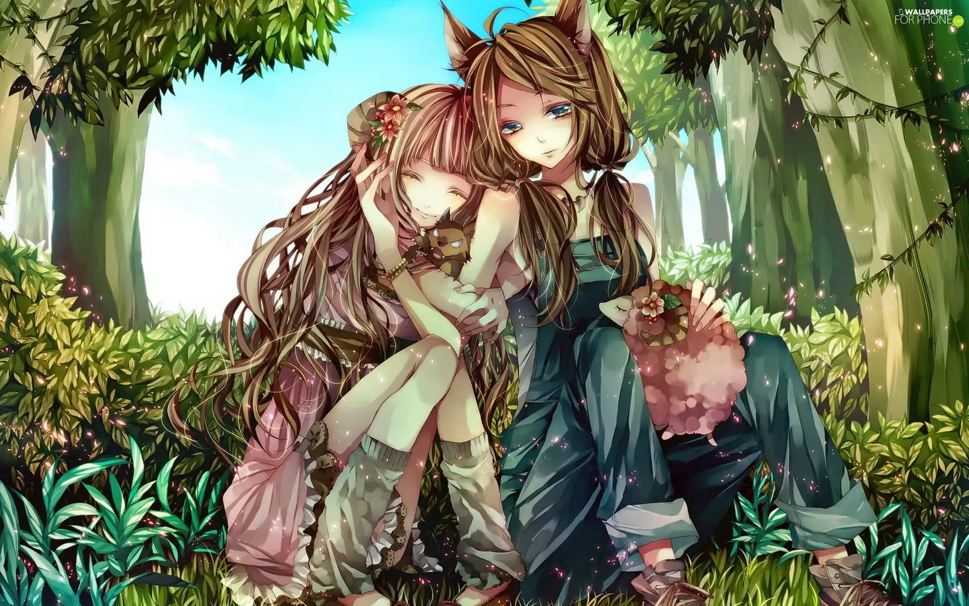 forest, Girls, cats
