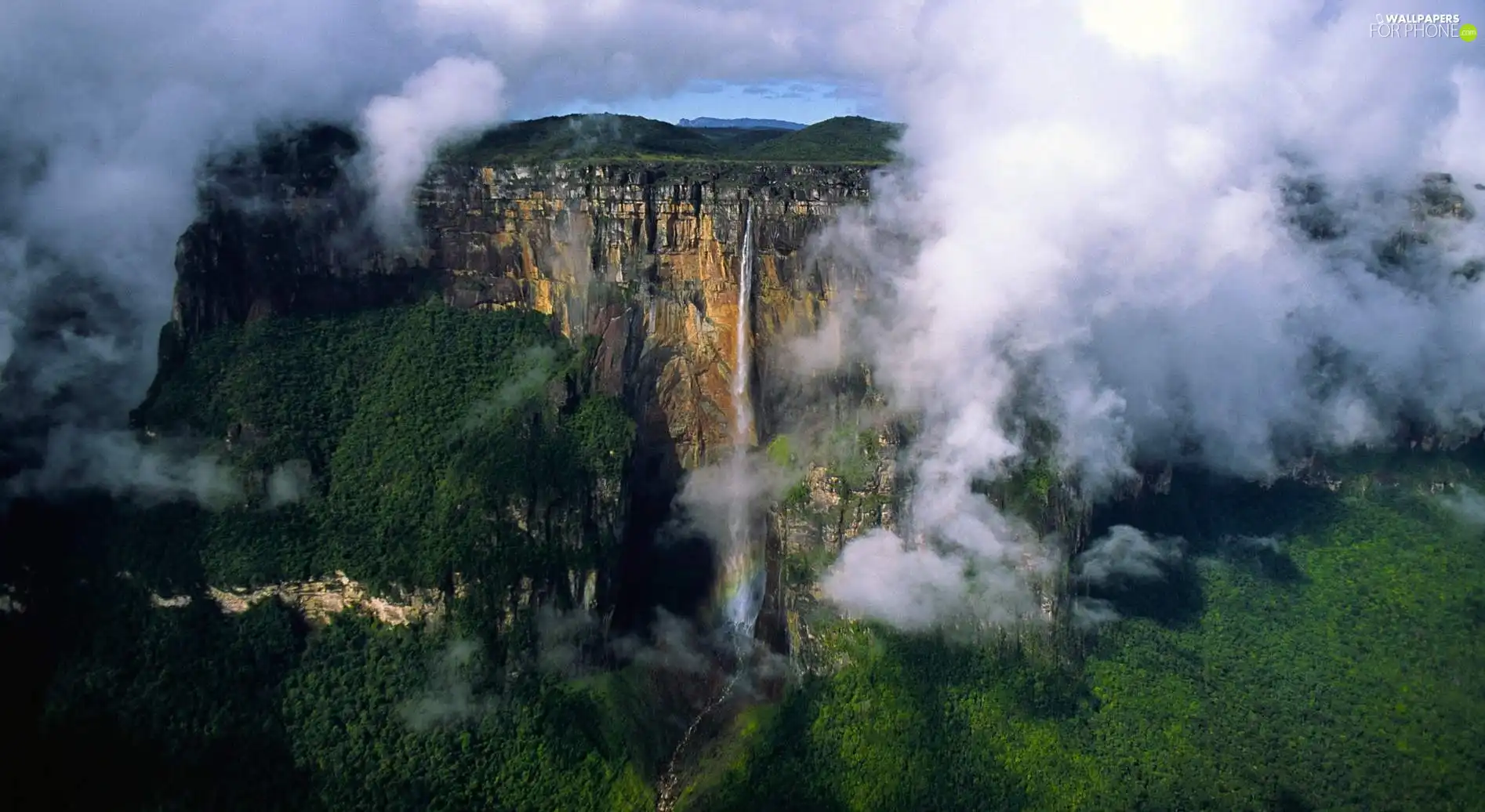 clouds, waterfall, forest, rocks