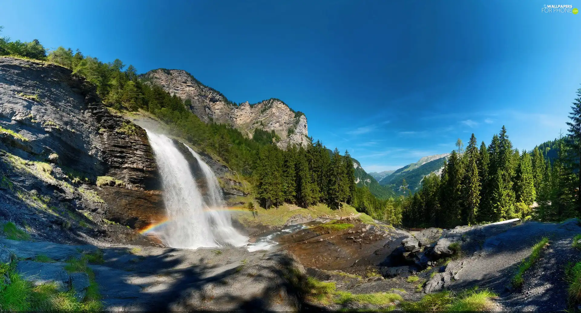 waterfall, rocks, forest, Great Rainbows