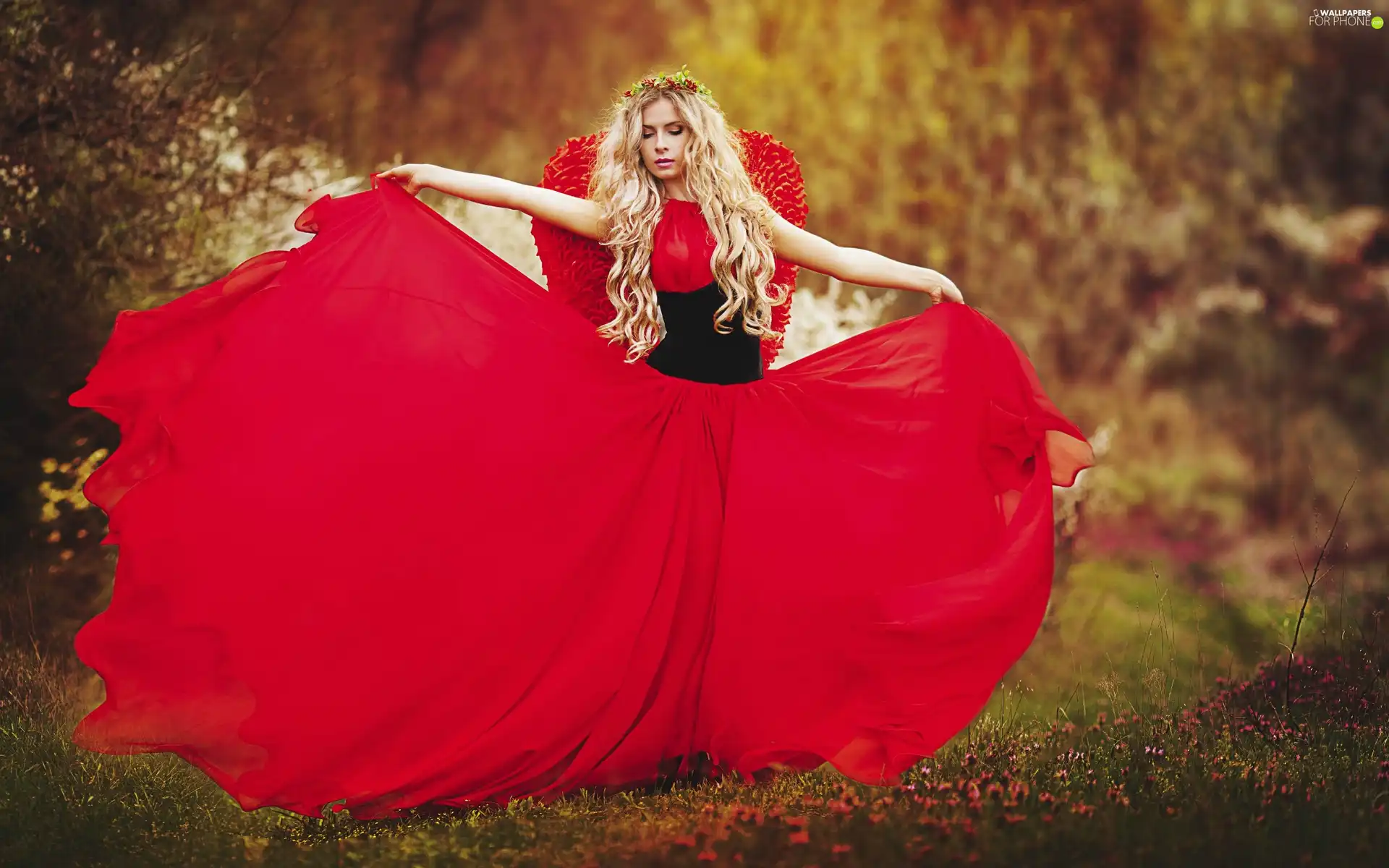 dress, wreath, flowers, red hot, Blonde, forest, Path