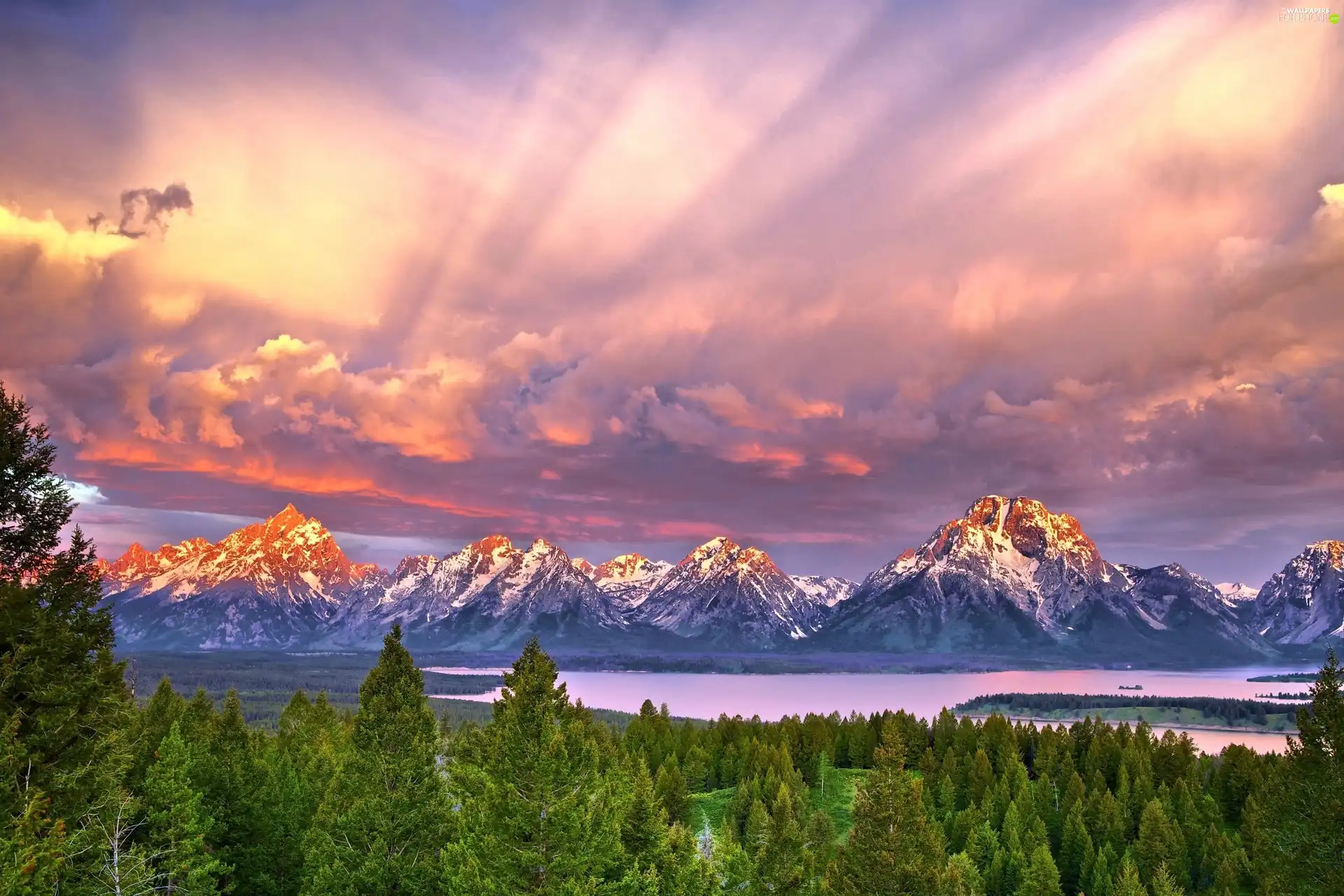 Sun, clouds, Gory, west, Sky, forest, lake