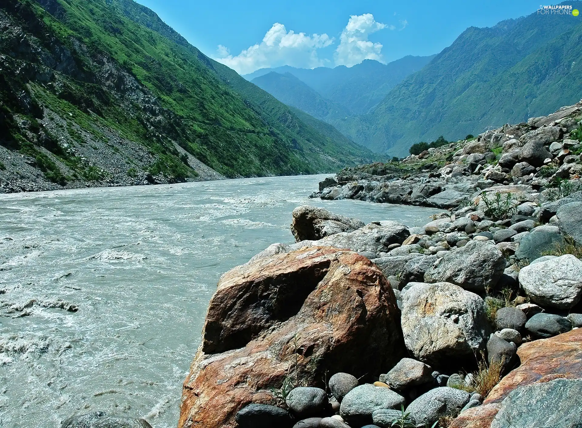 Mountain, Stones, forest, River