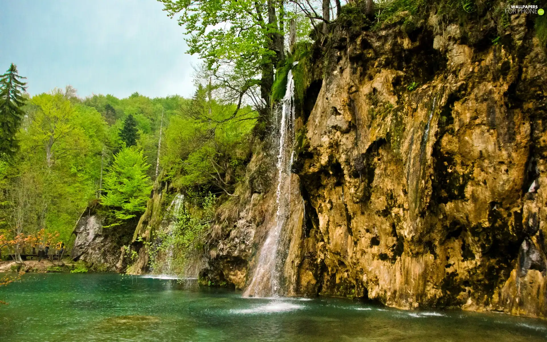 waterfall, Rocks, forest, lake