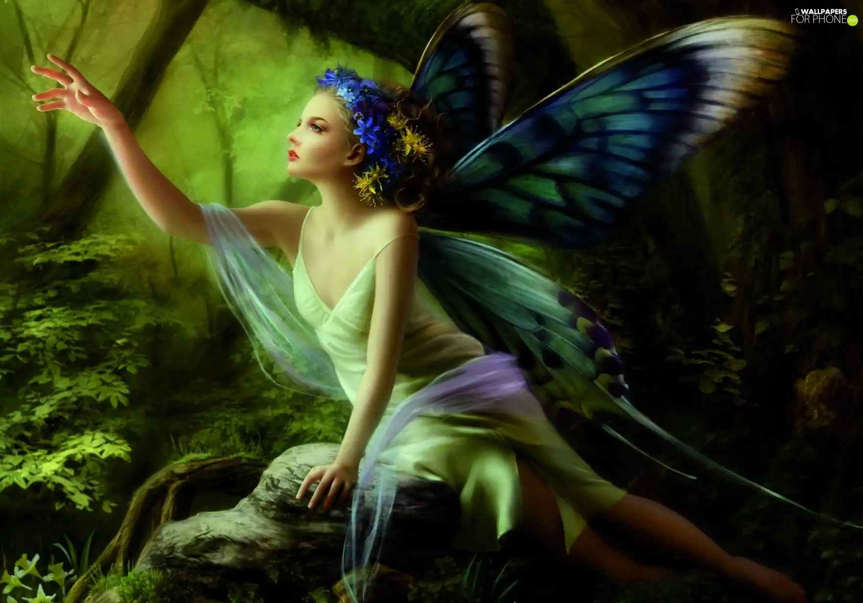 Women, wreath, forest, butterfly