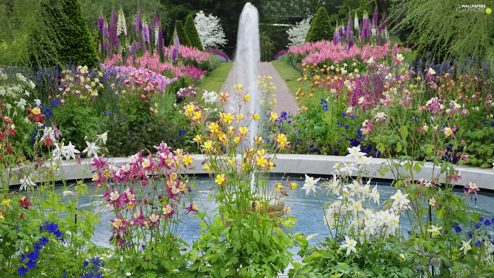 fountain, Garden, Flowers