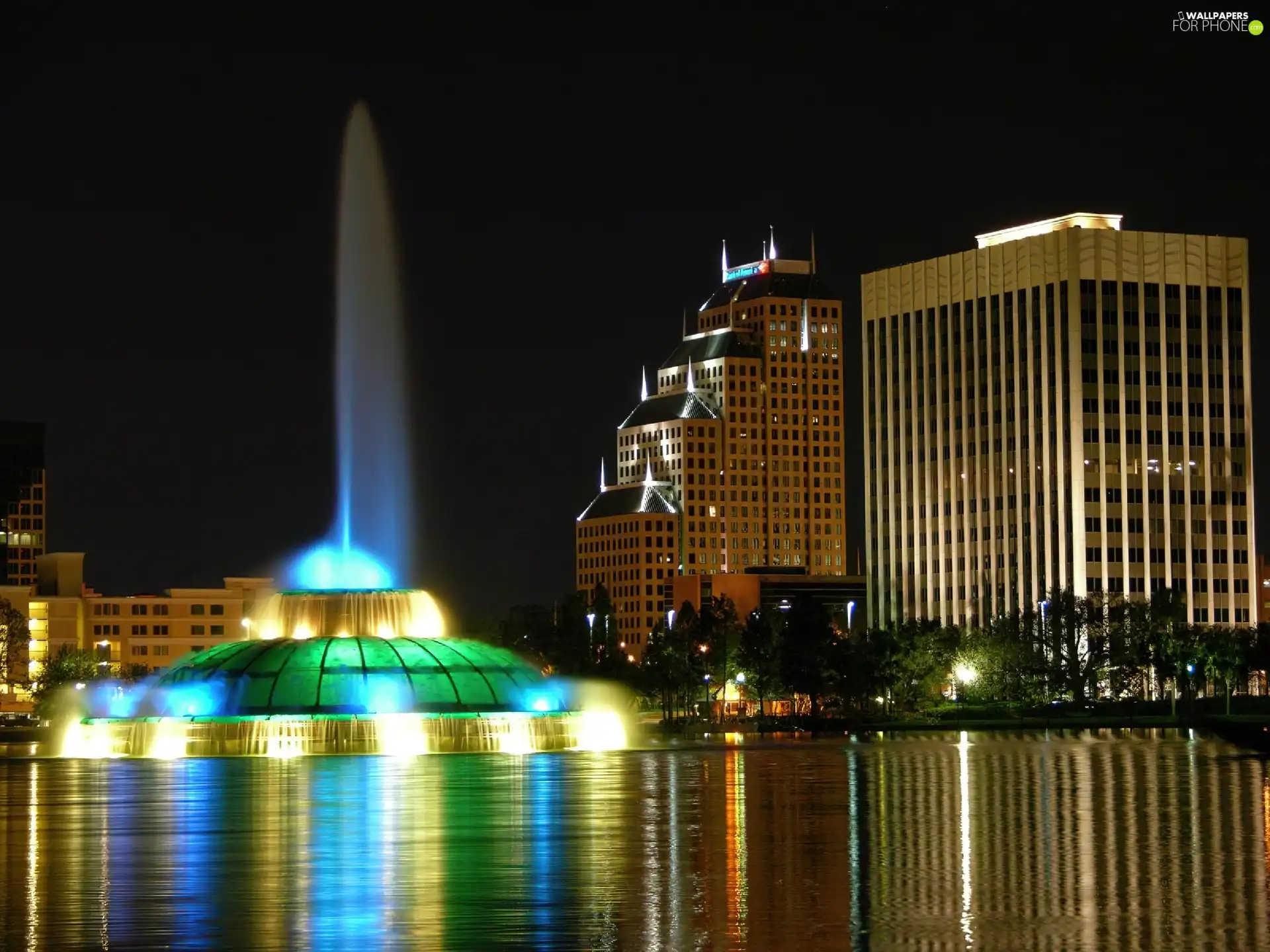 night, fountain, clouds, Orlando, skyscrapers