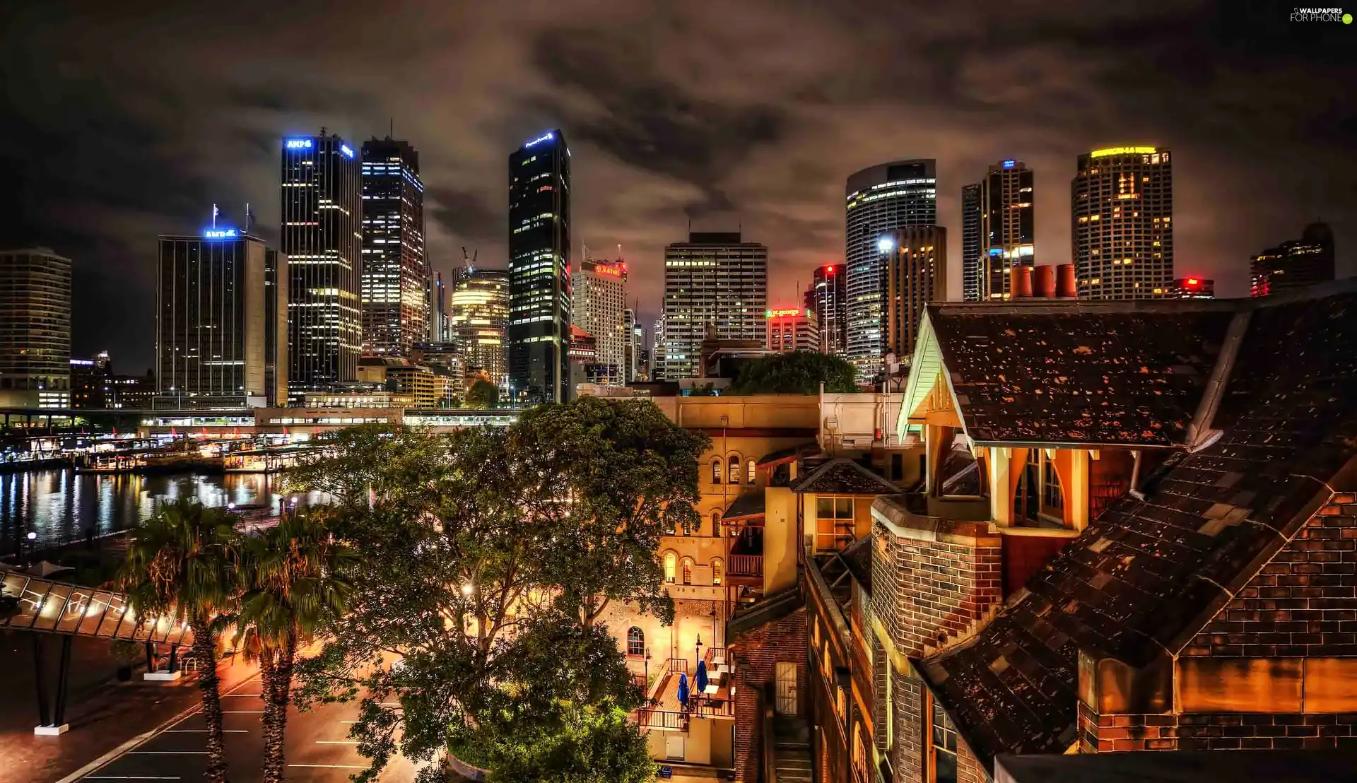 Sydney, clouds, town, apartment house, skyscrapers, fragment, night