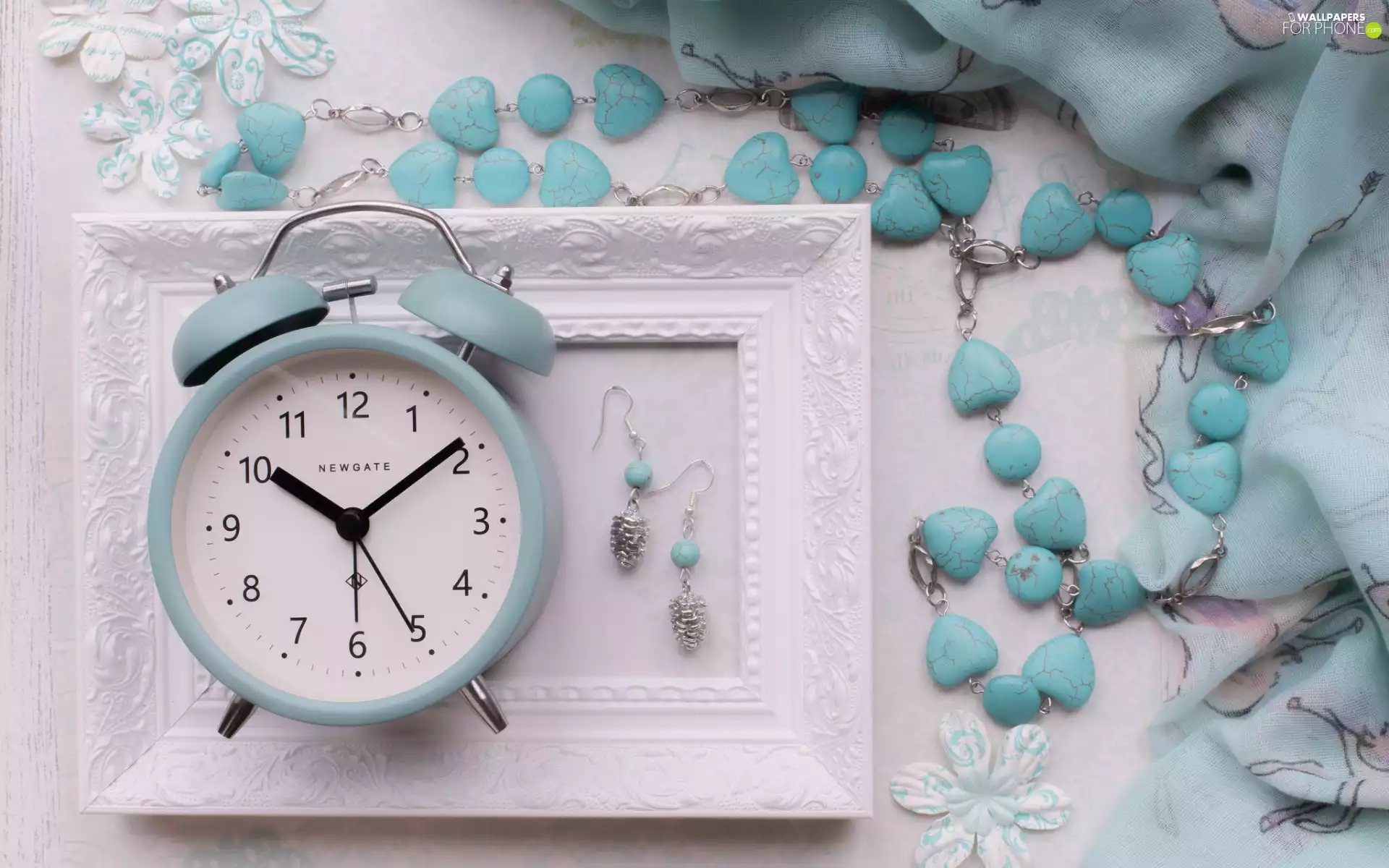 beads, alarm clock, ear-ring, composition, Flowers, frame