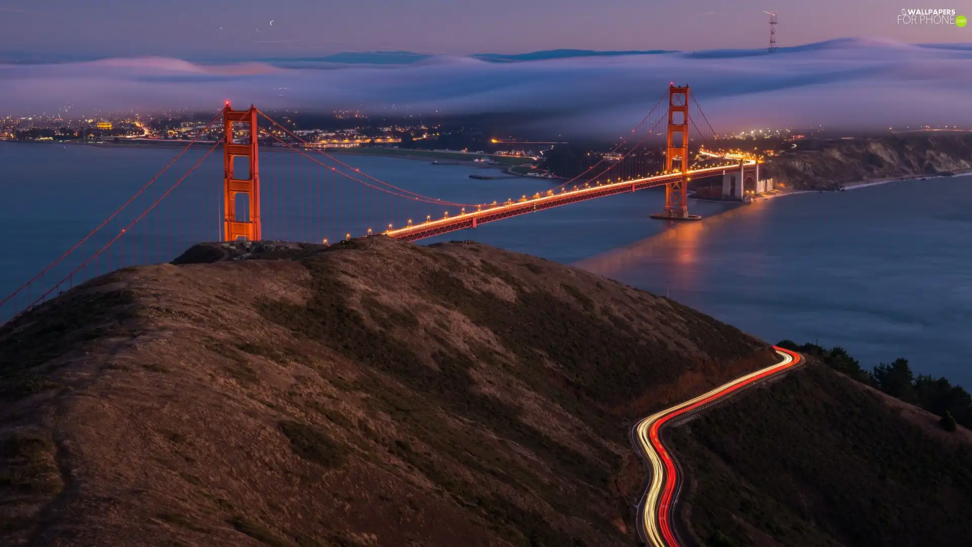 Golden Gate Strait, Most Golden Gate Bridge, State of California, The United States, Night, clouds, San Francisco, light, Town