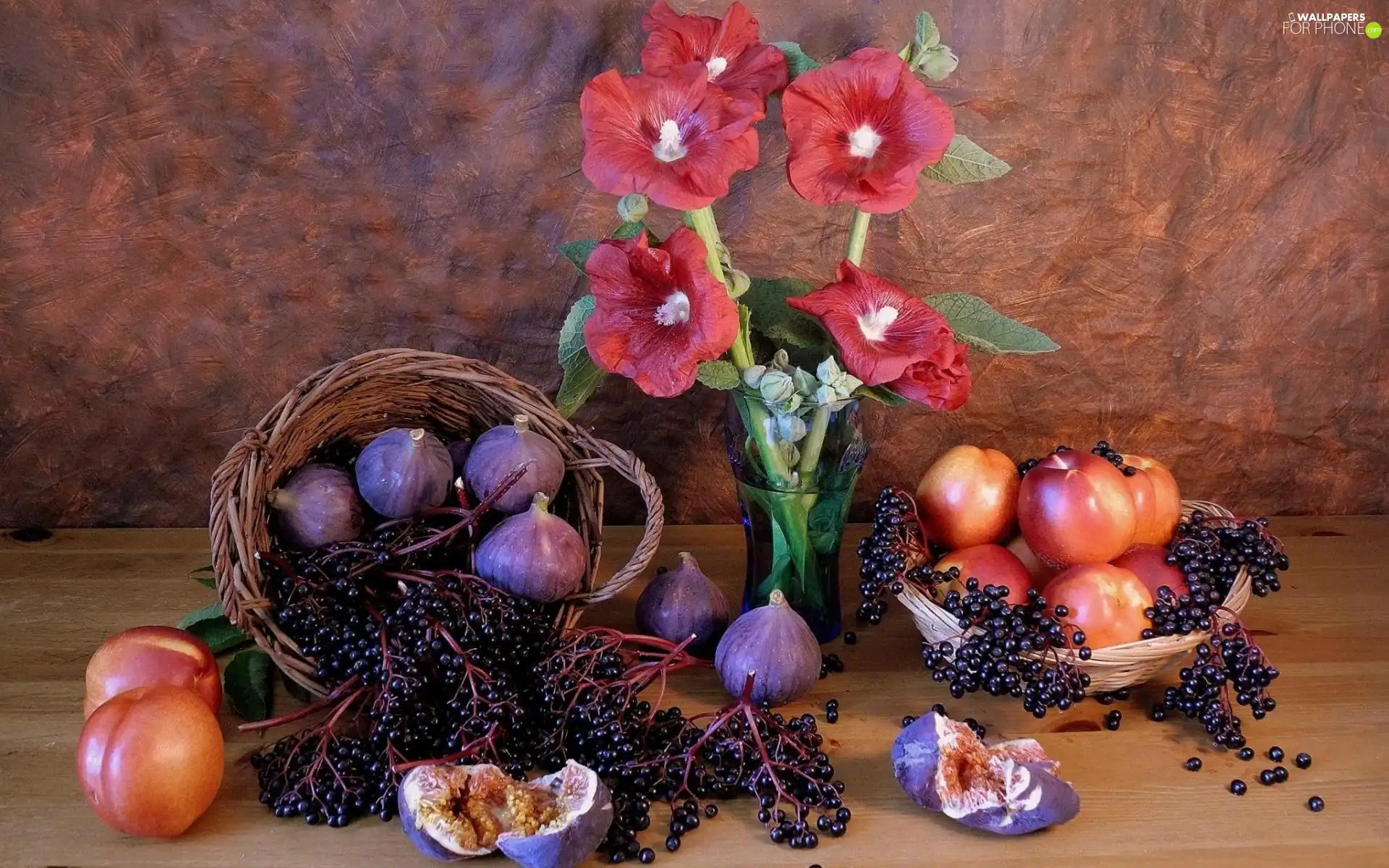 bowl, Flowers, Fruits, composition, figs, Hollyhocks