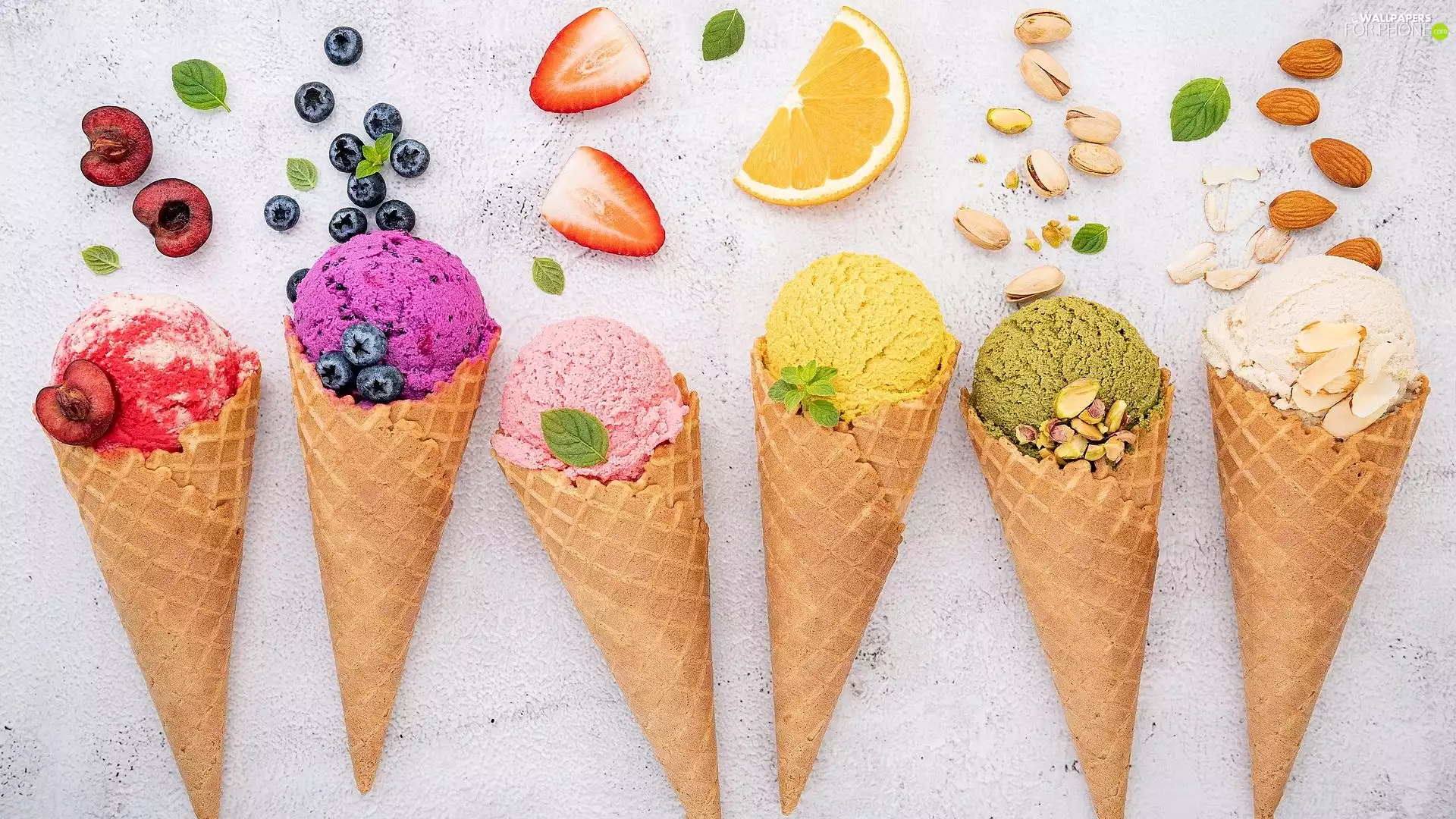 Knobs, Cones, Tastes, ice cream, wafers, different, Fruits