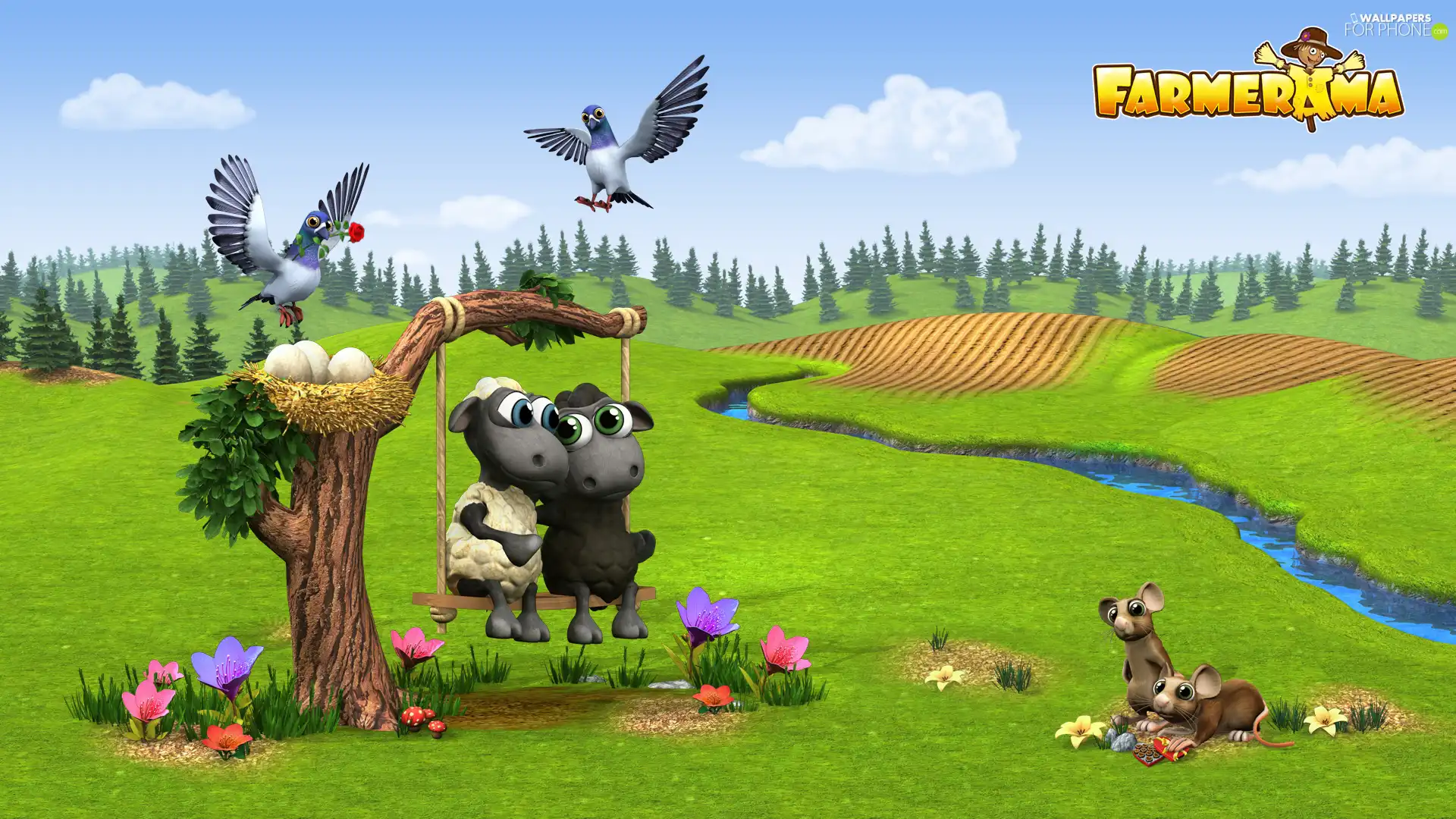 game, Farmerama, sheep, birds, nest, stream, Meadow, trees, mouse