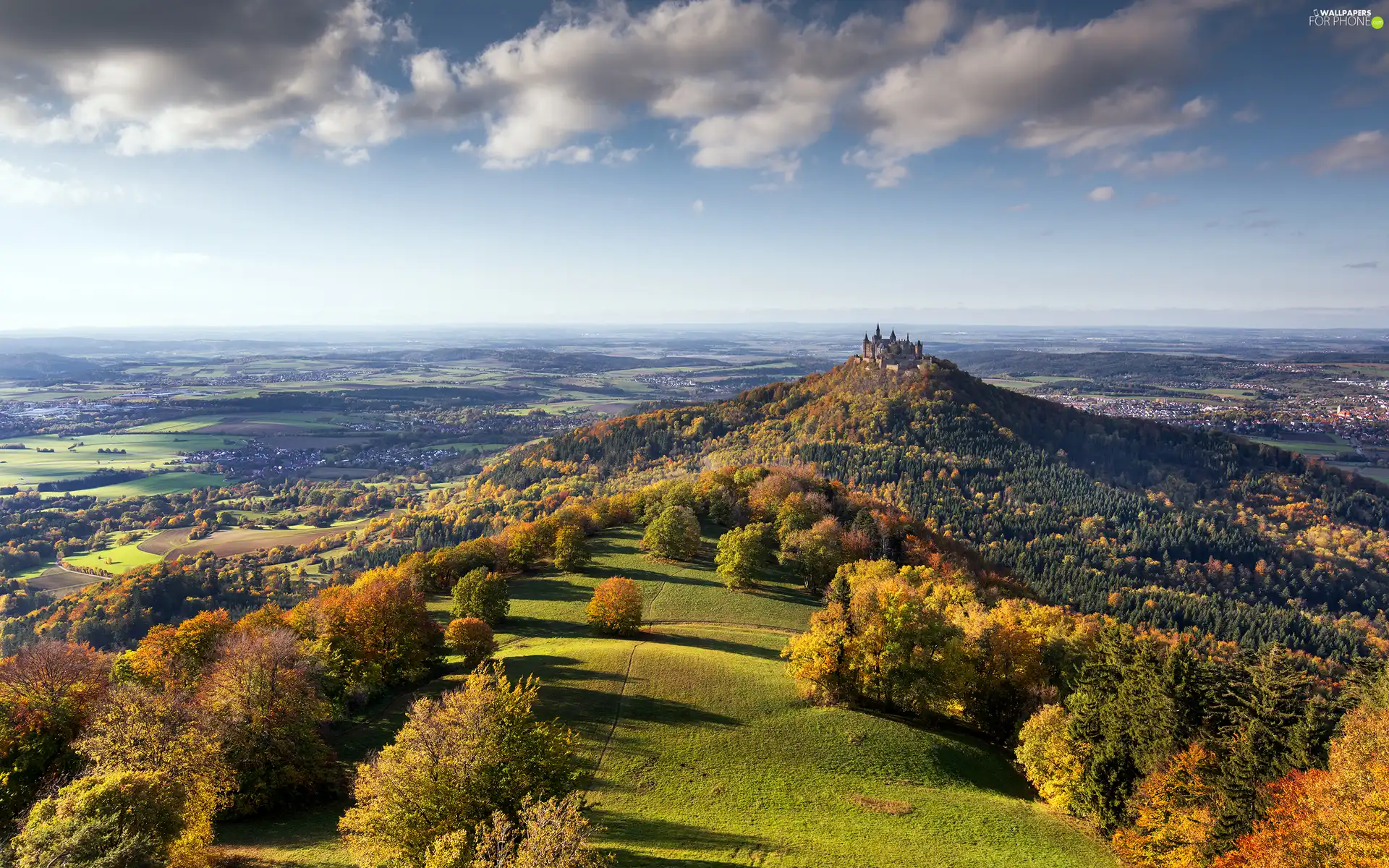 Baden-Württemberg, Germany, The Hills, forest, clouds, Hohenzollern Castle, Hohenzollern Mountain, autumn