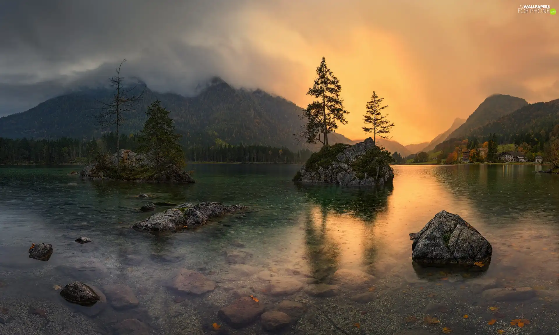 rocks, Lake Hintersee, trees, viewes, Bavaria, Germany, Fog, Houses, Alps Mountains