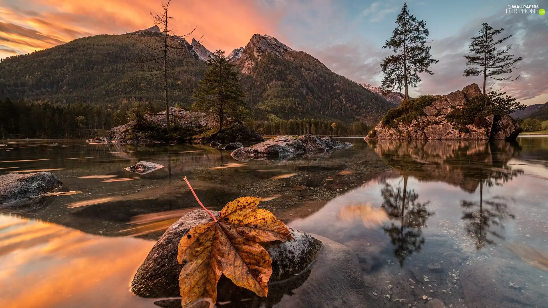 Alps, Mountains, Lake Hintersee, rocks, Bavaria, Germany, viewes, Great Sunsets, trees