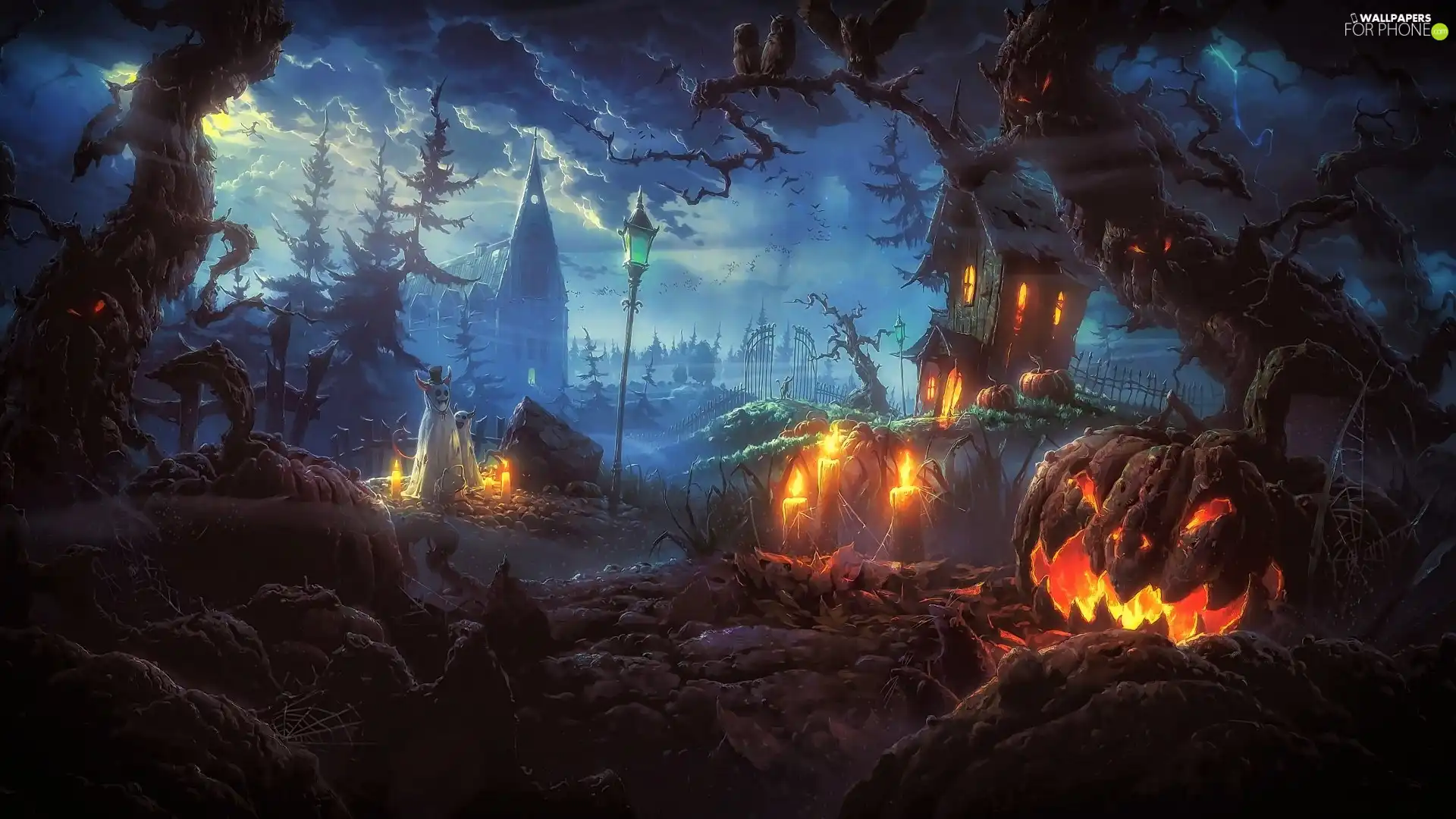 halloween, Candles, ghosts, pumpkin