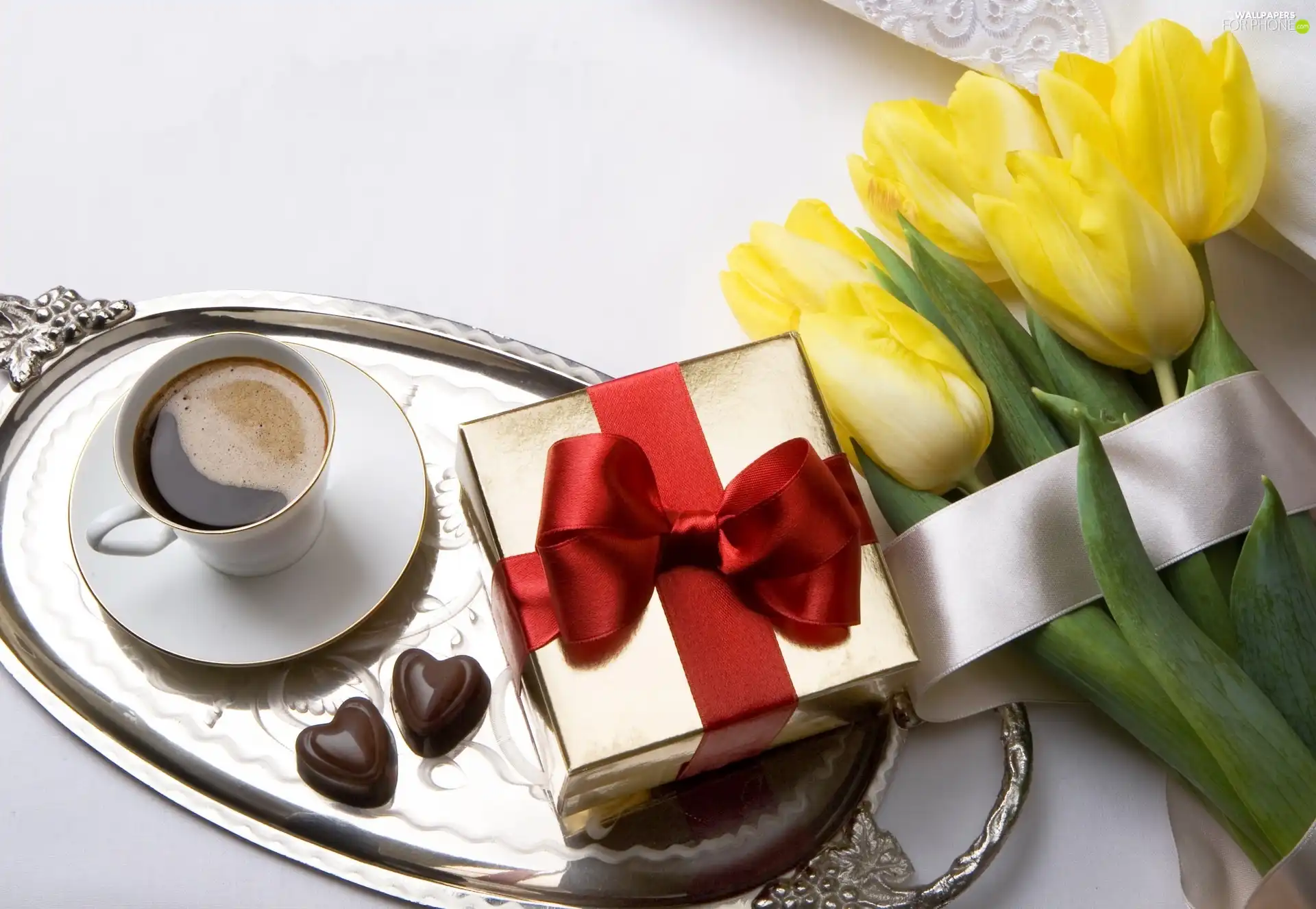 Yellow, coffee, gift, Tulips