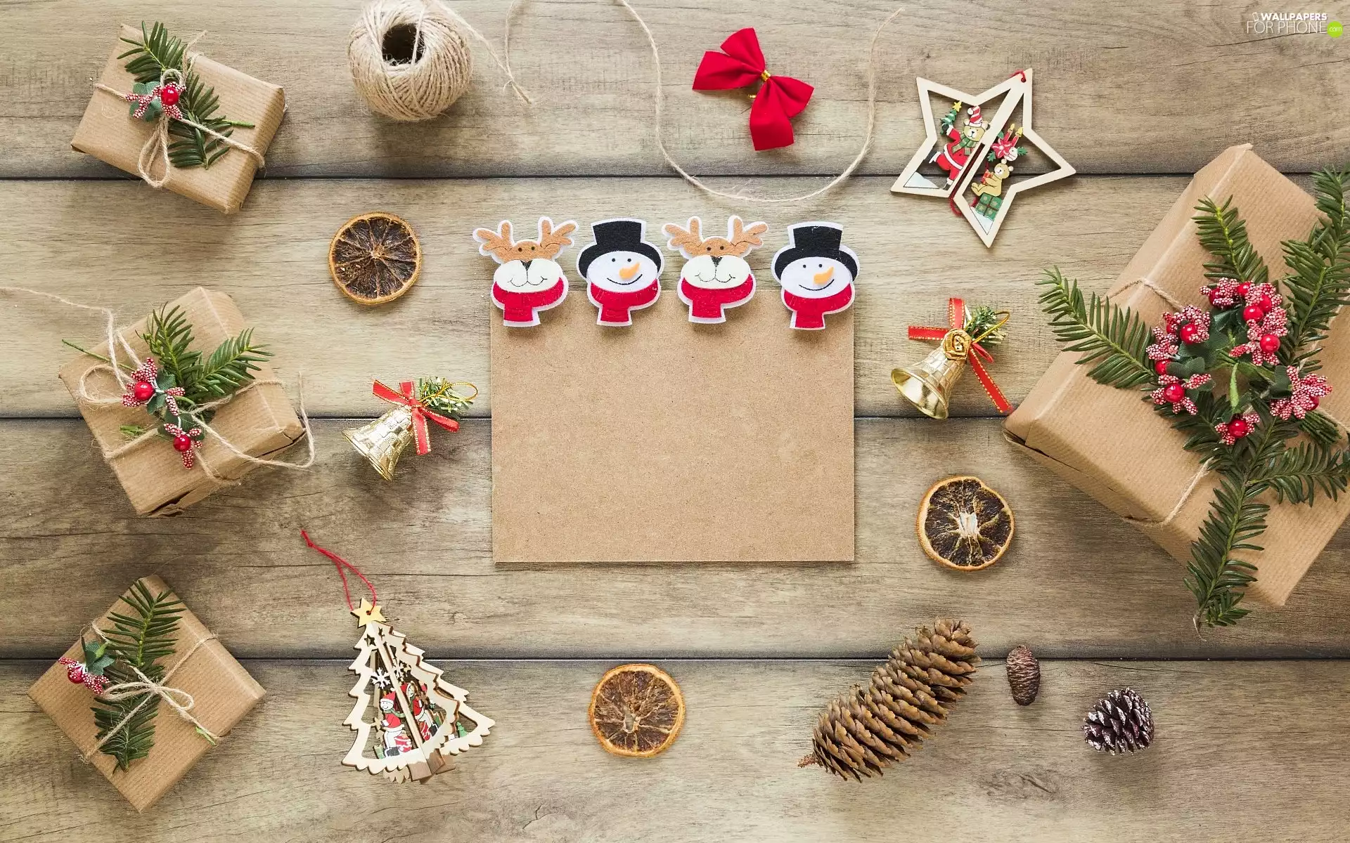 gifts, Christmas, bells, christmas tree, ornamentation, boarding, twine, ribbon, cones