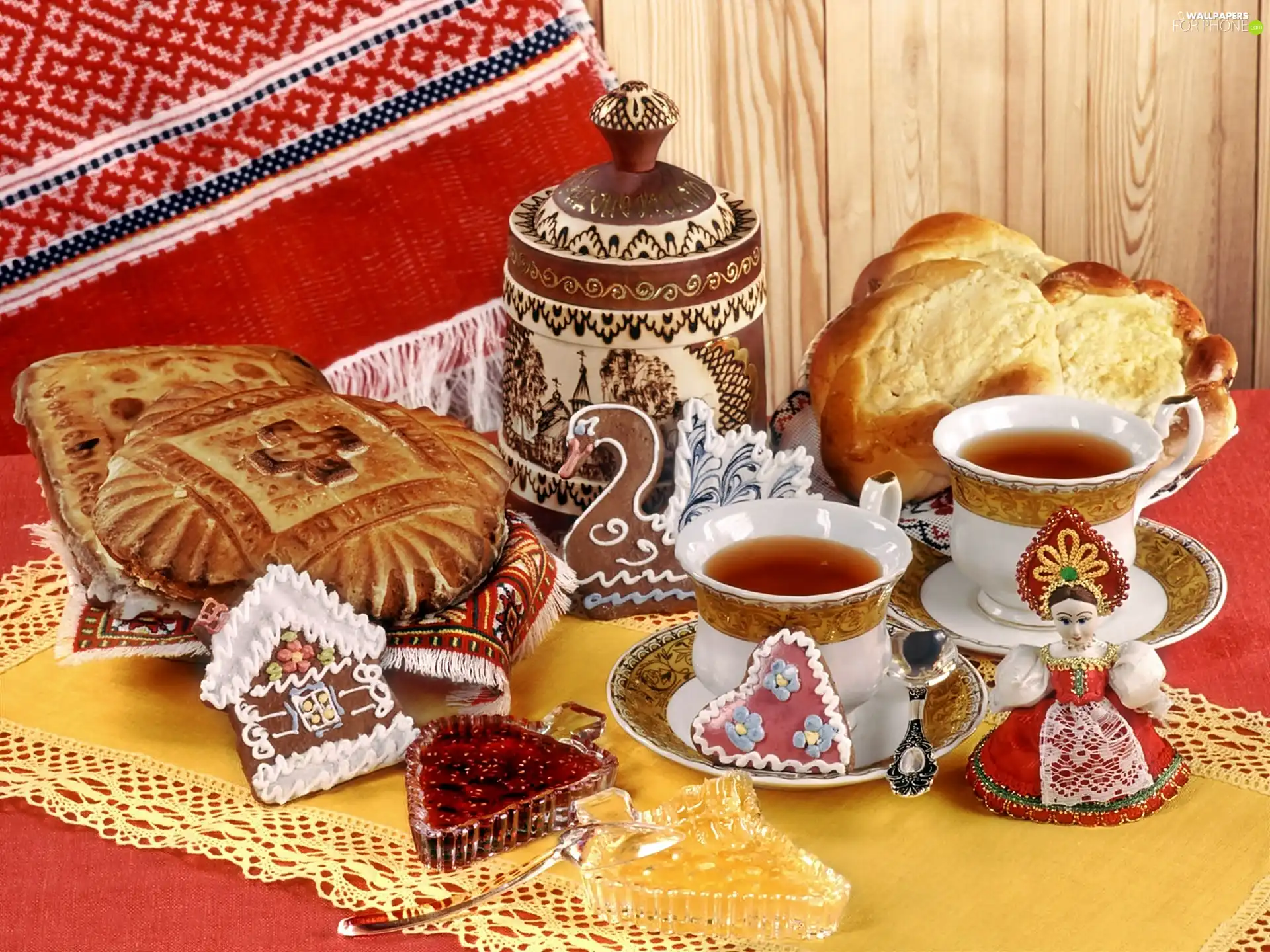 danishes, cups, ginger, jam, Cookies, tea