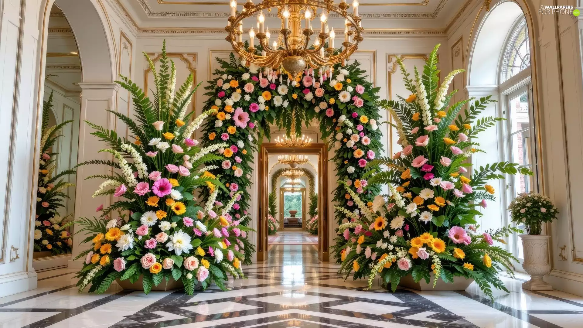 Bouquets, interior, Flowers, girandole, color, hall