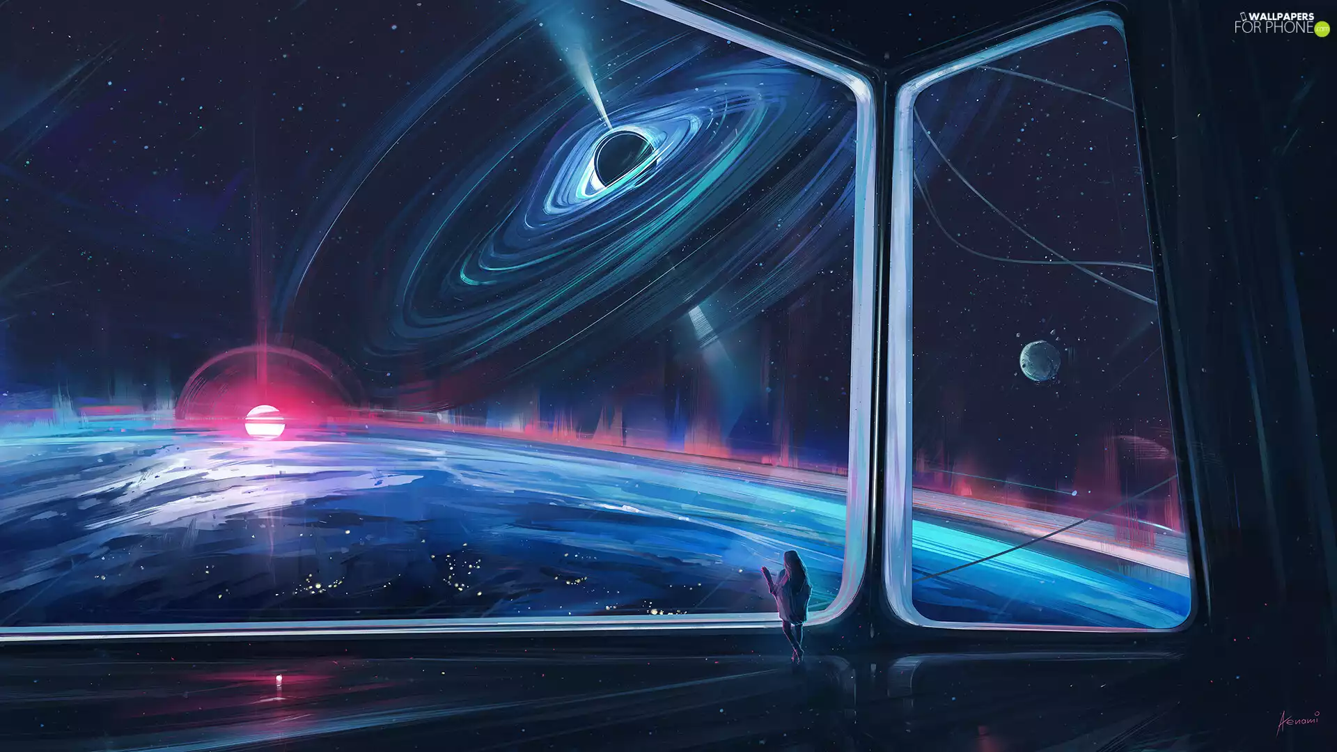 Window, girl, Planets, Universe, graphics