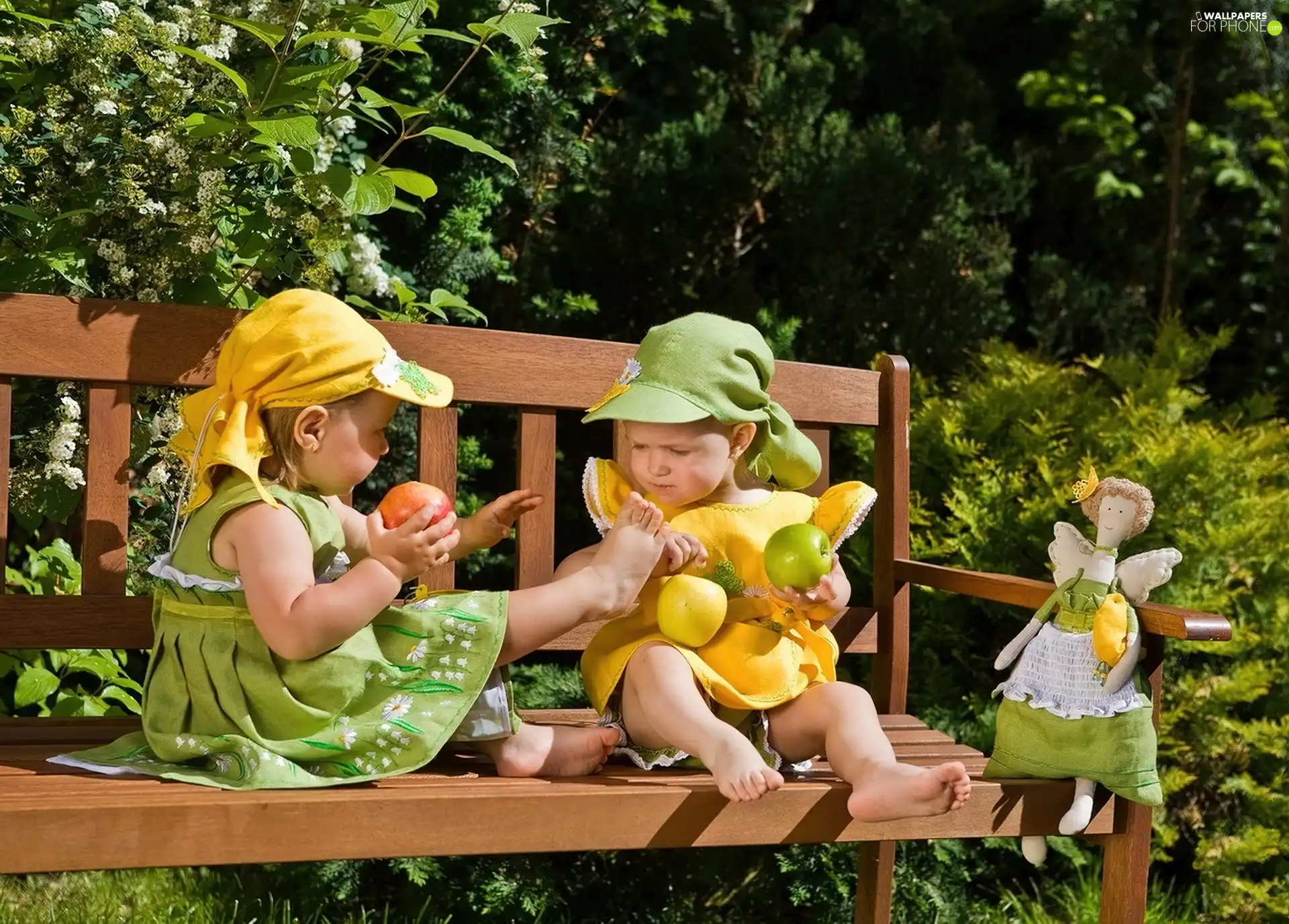 girls, apples, Bench, Two, Garden