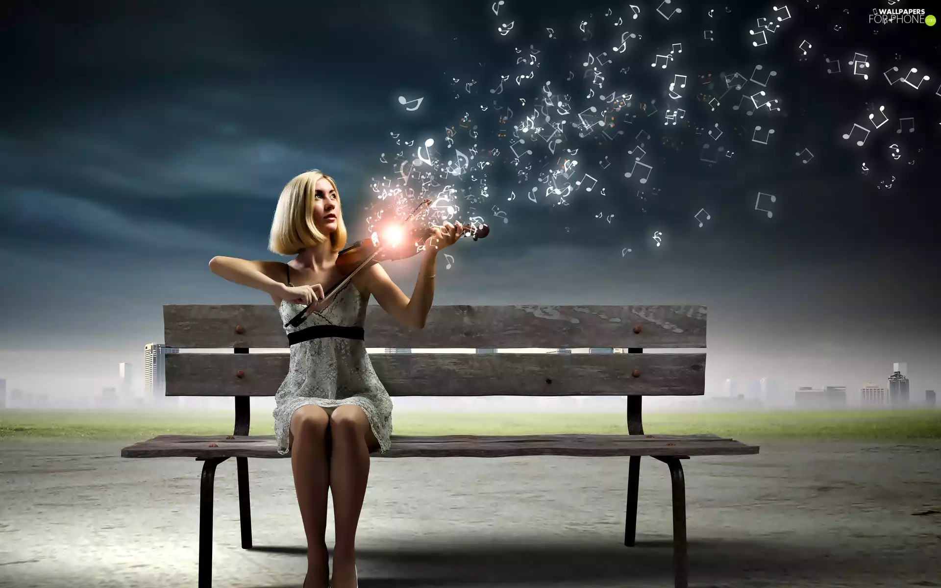 Tunes, glamour, violin, Bench, Women