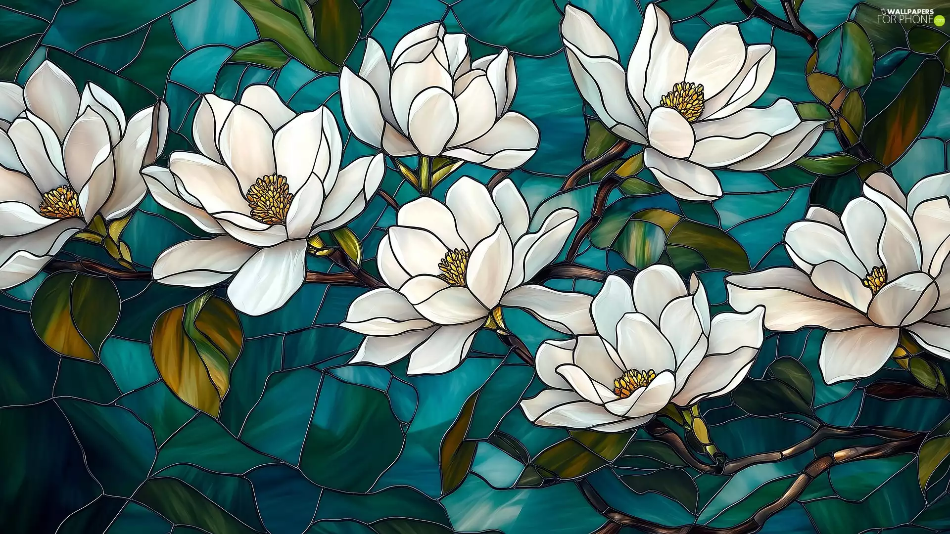 stained glass, White, Flowers, Magnolia