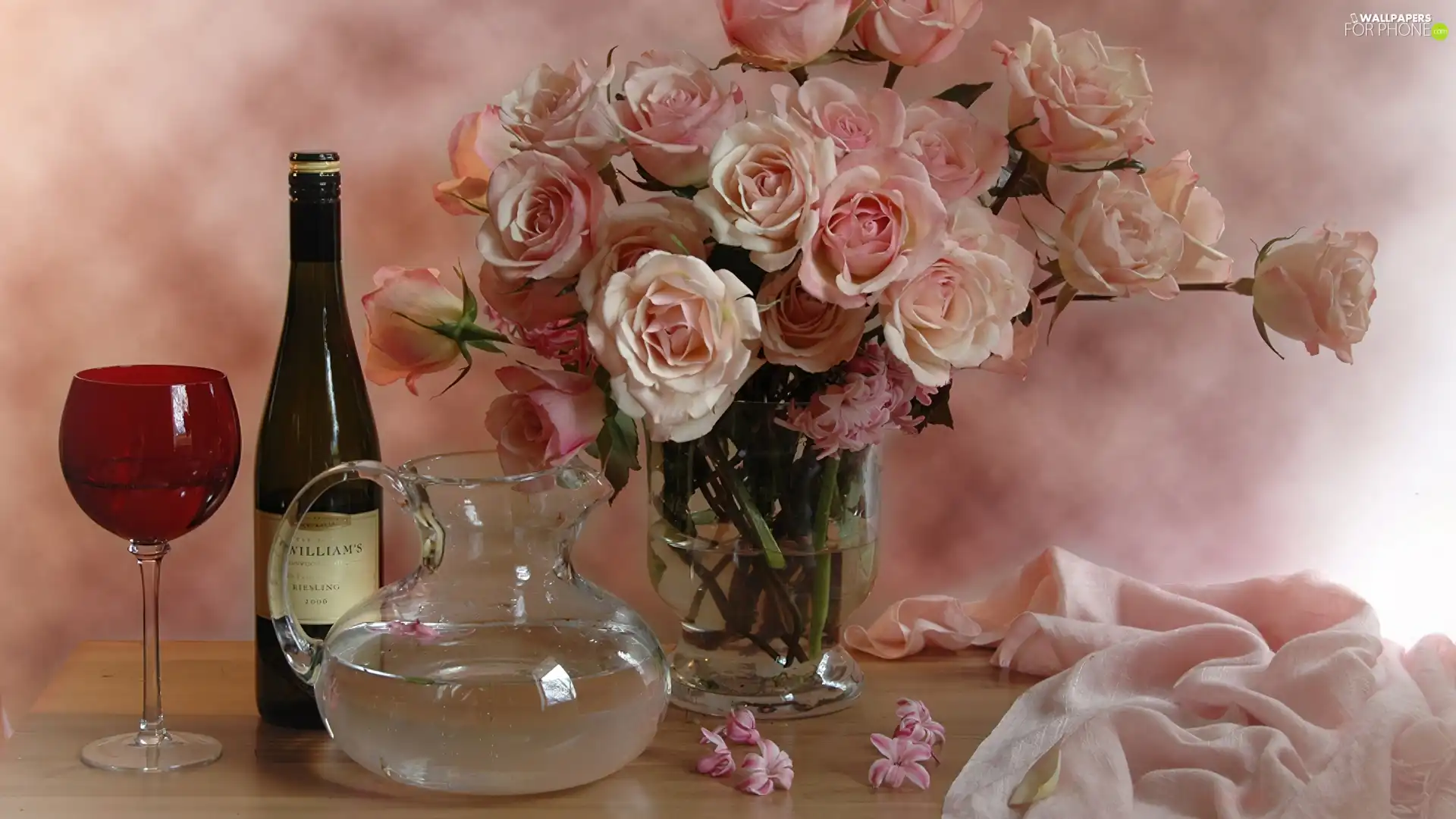 glass, Pink, glass, Wine, jug, roses