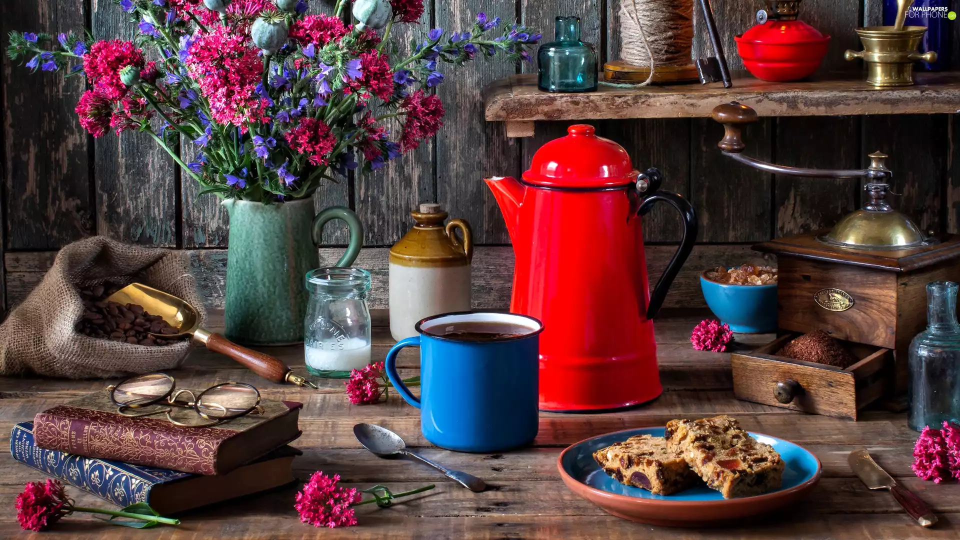 mill, Flowers, cake, Glasses, Jugs, Books