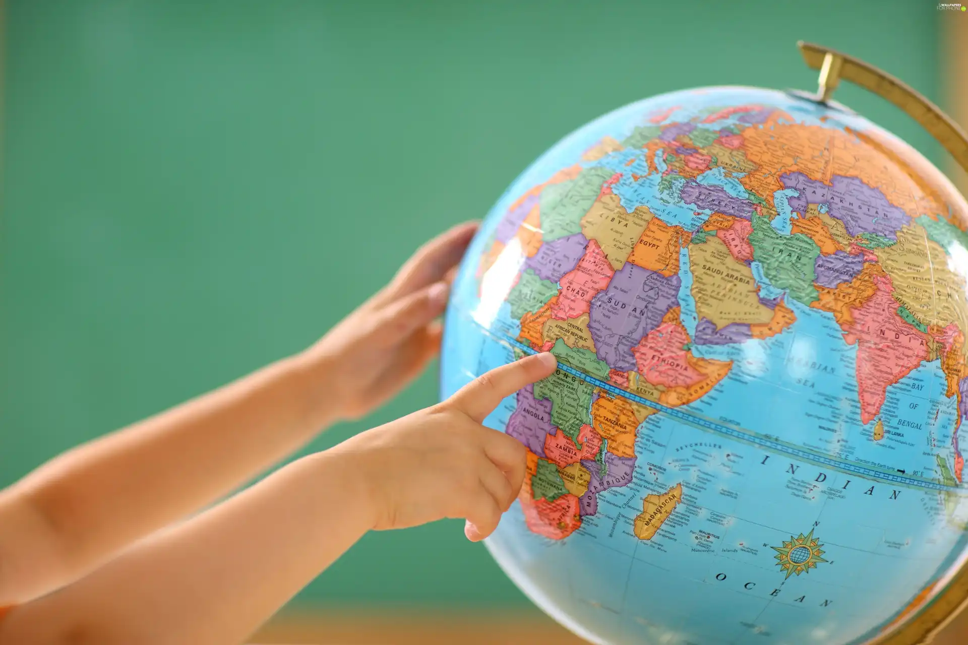 globe, hands, land