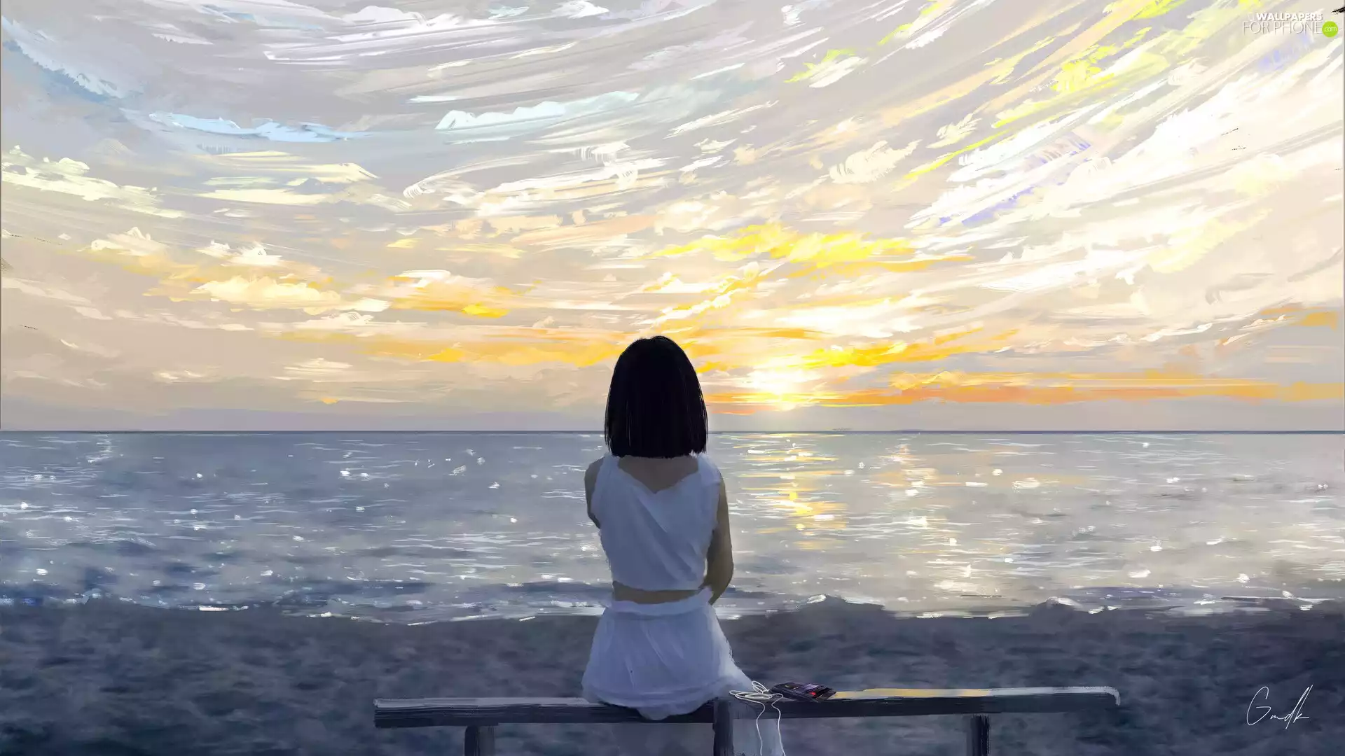 HEADPHONES, girl, Sunrise, graphics, sea, Bench