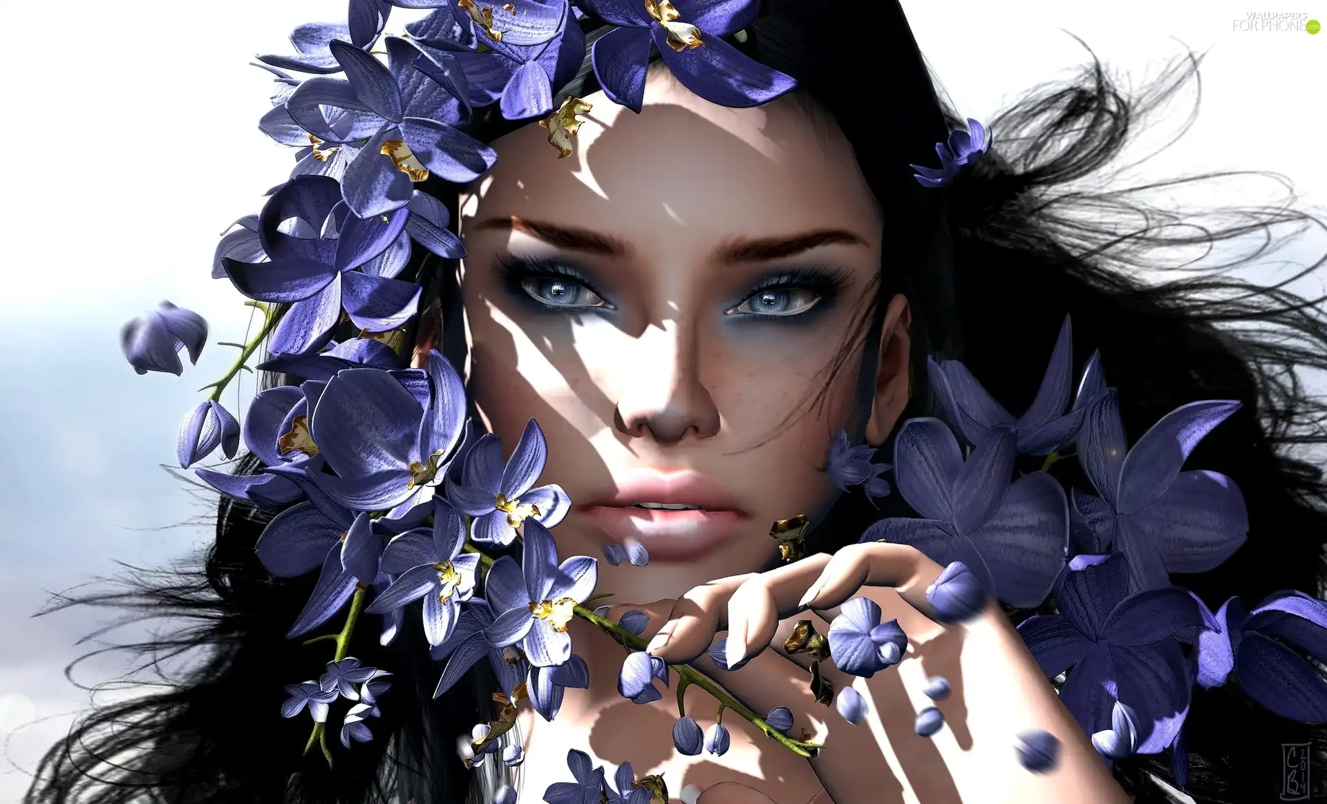 Women, portrait, graphics, Blue Flowers
