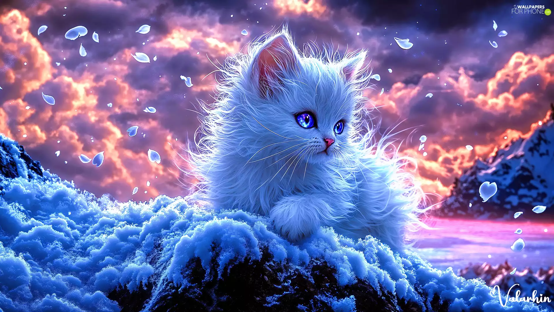 Rocks, White, clouds, graphics, snow, cat
