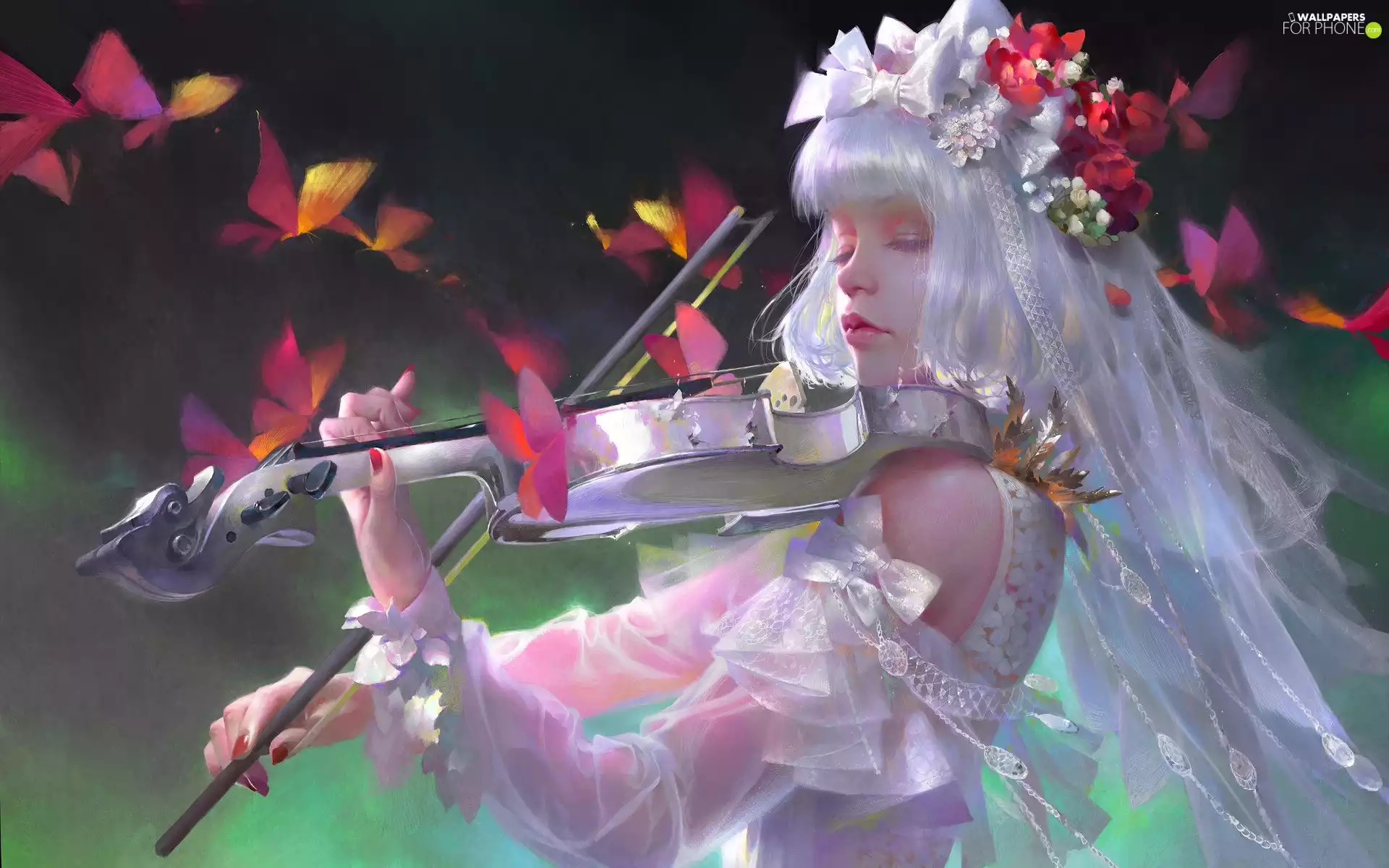 violin, graphics, Flowers, wreath, girl