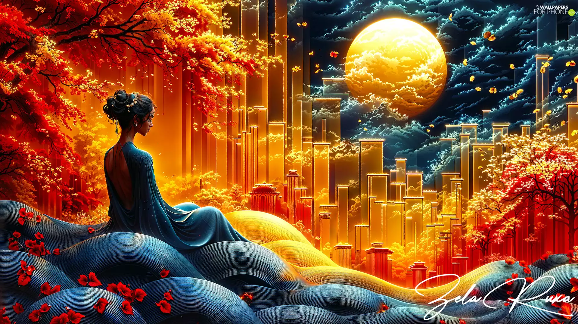 moon, Women, viewes, graphics, trees, skyscrapers